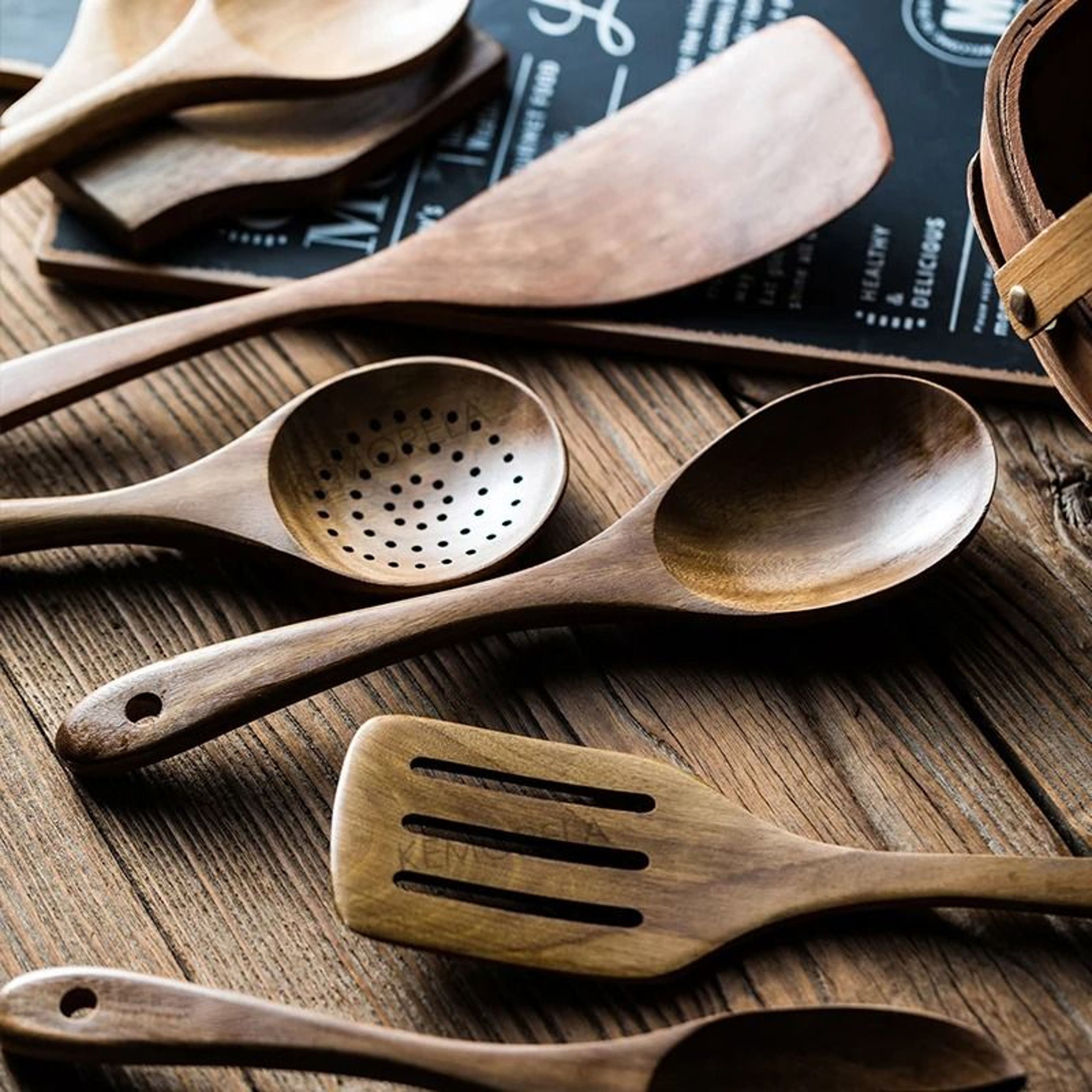 Premium 9Piece Teak Wooden Kitchen Utensils Set With Integrated Storage Holder 4