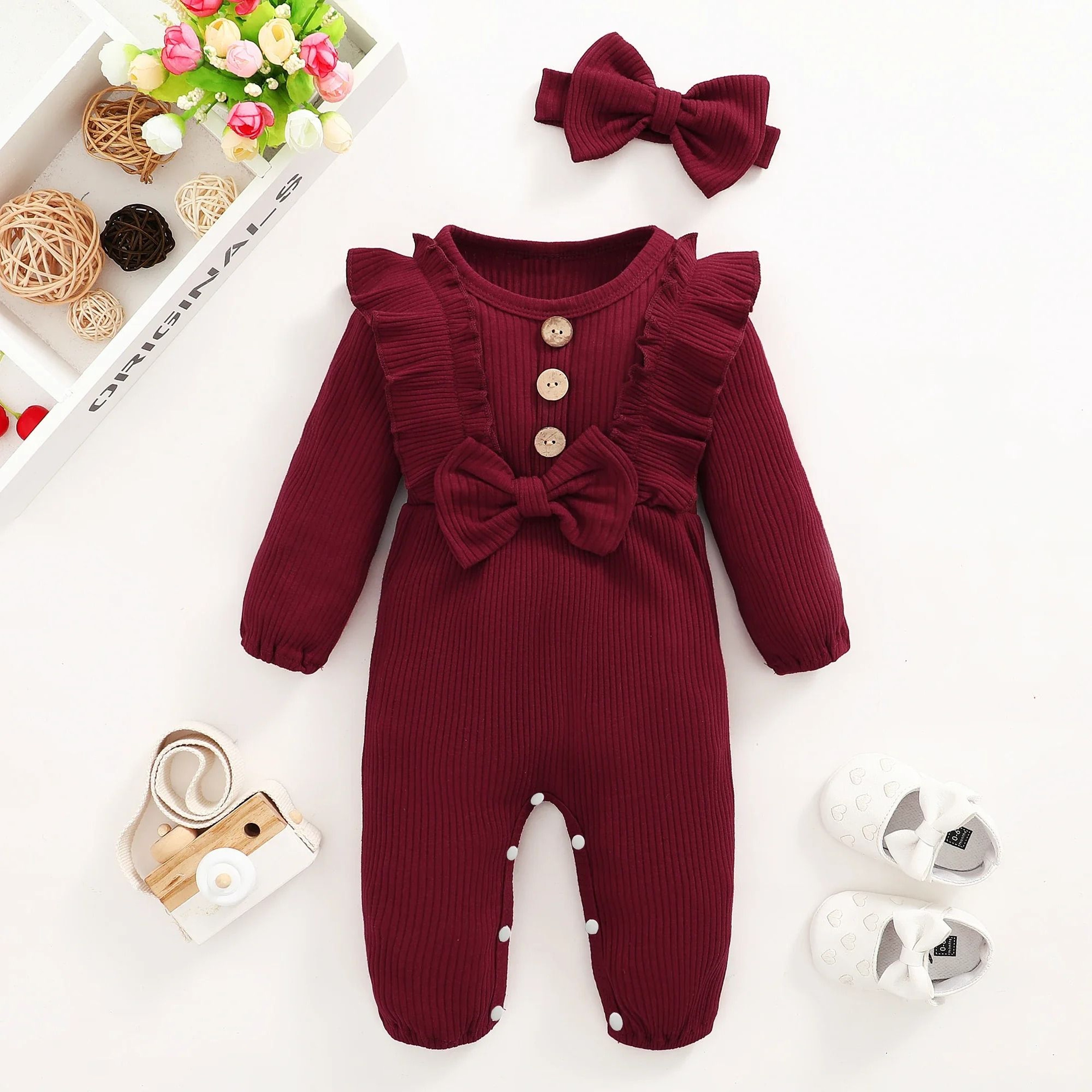 2Piece Newborn Girl Ruffle Romper  Headband  Long Sleeve AutumnWinter Bodysuit 6