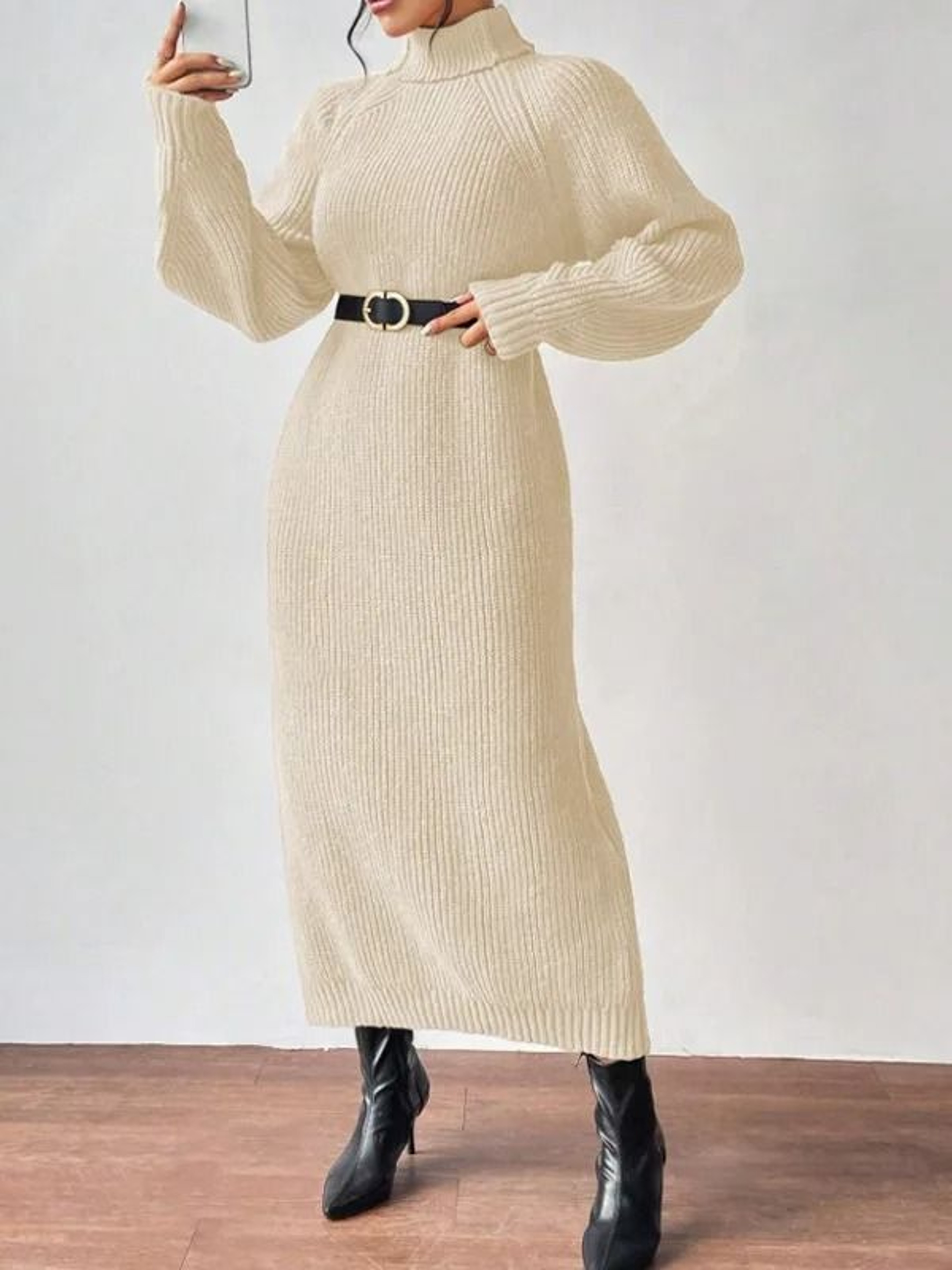 Slouchy Knit Turtleneck Long Sweater Dress Autumn Winter Loose Ankle Length Party Dress 1