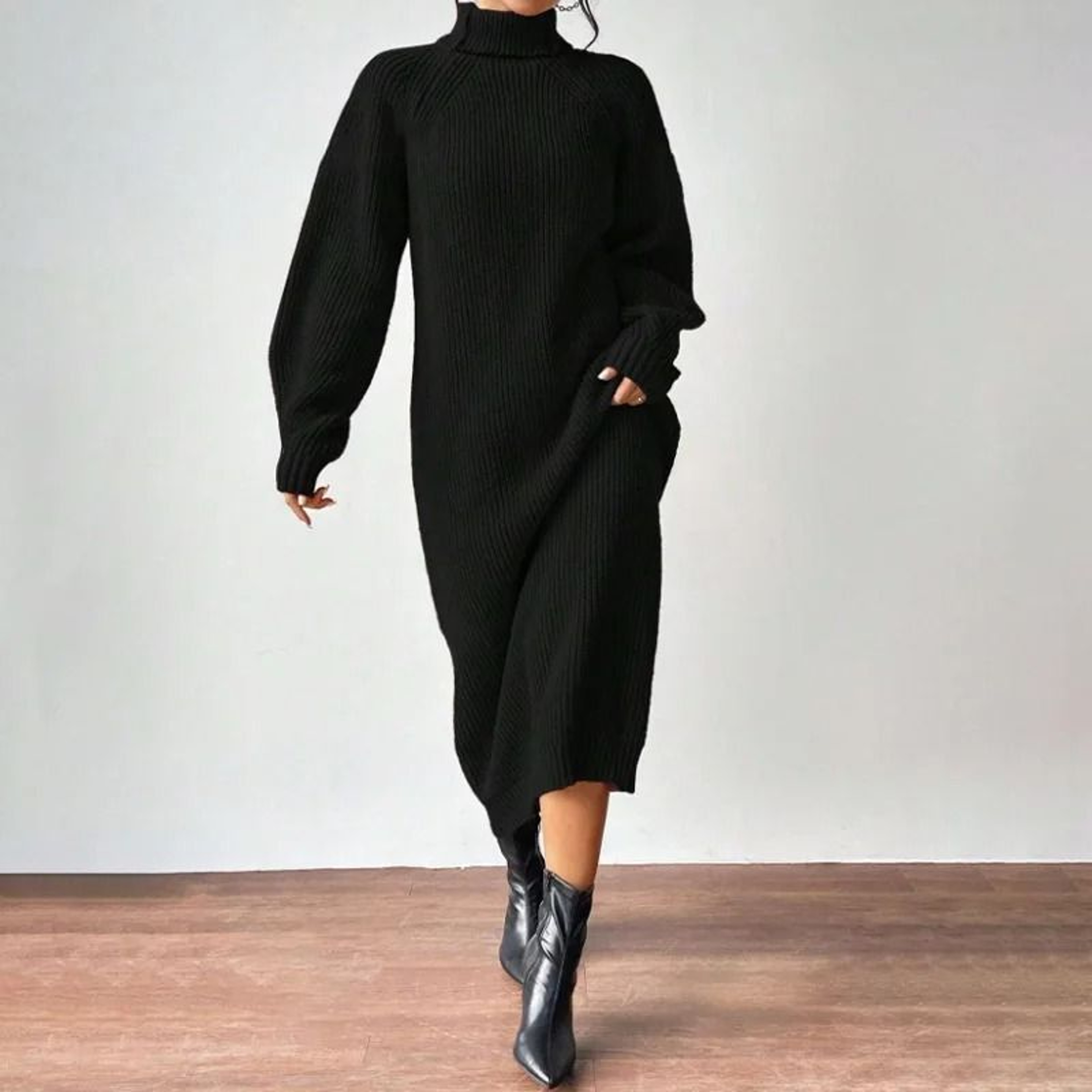 Slouchy Knit Turtleneck Long Sweater Dress Autumn Winter Loose Ankle Length Party Dress 4