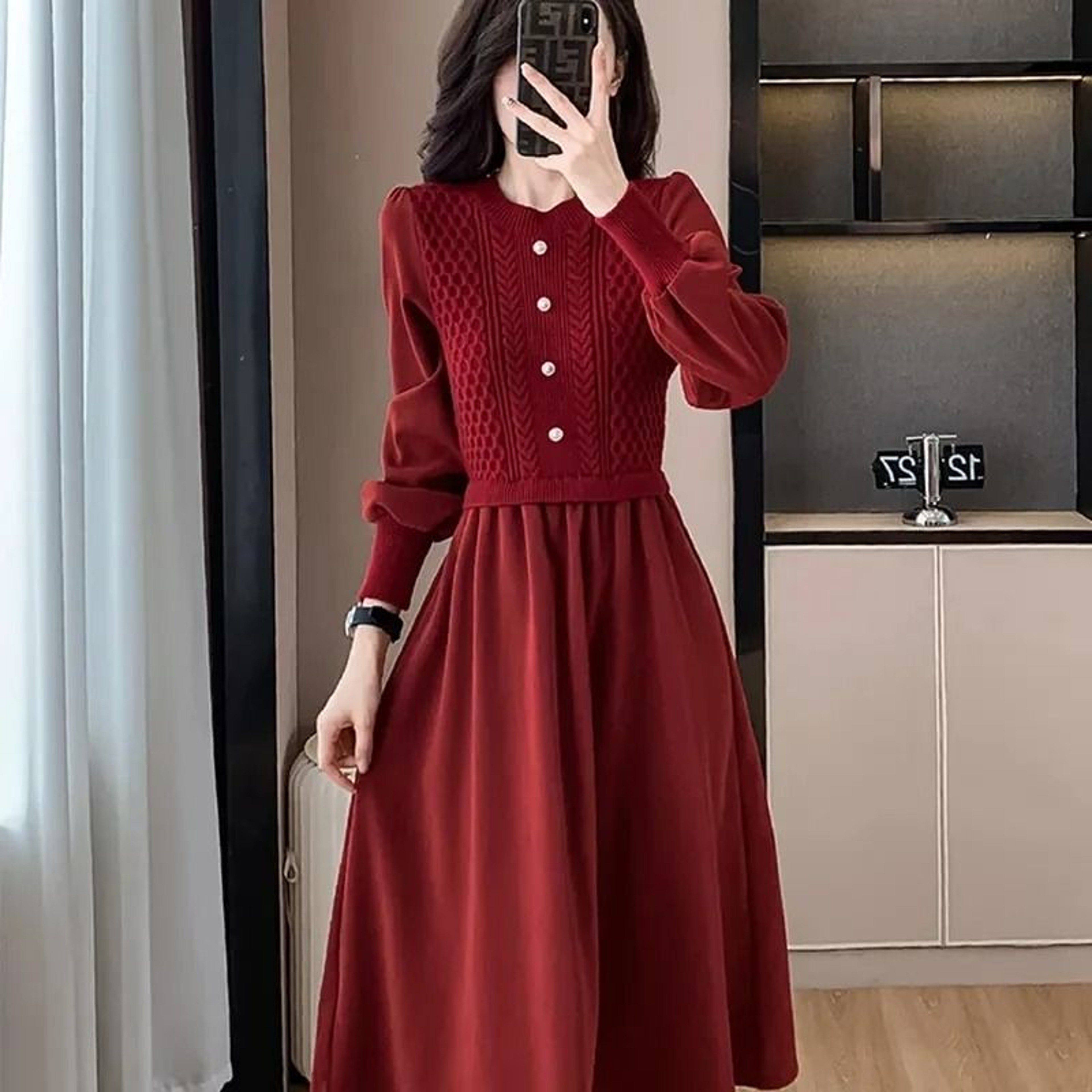 Casual ONeck Lantern Sleeve Fake Two Piece Knitted Dress Autumn Winter Ladies Long Sweater Dress 0