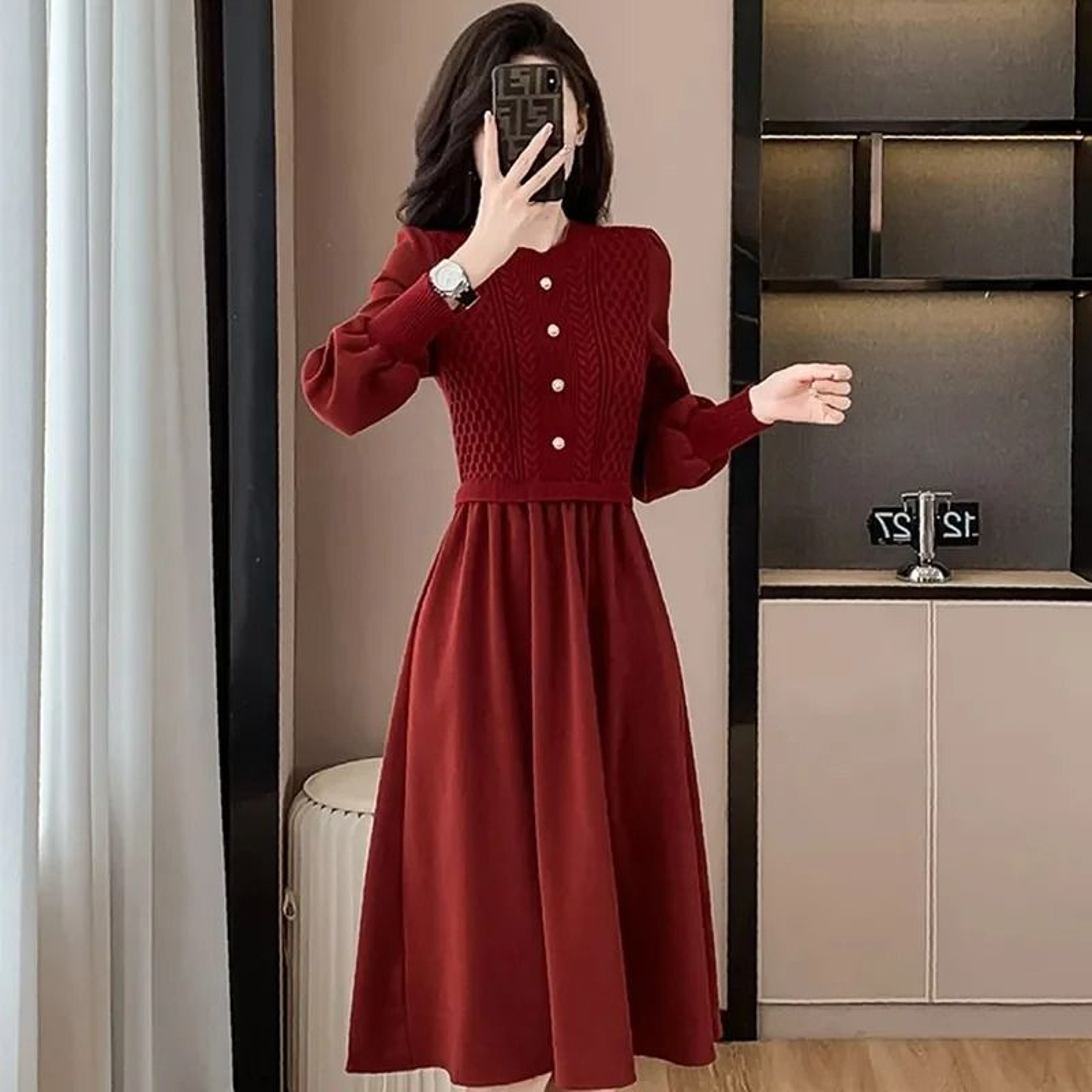 Casual ONeck Lantern Sleeve Fake Two Piece Knitted Dress Autumn Winter Ladies Long Sweater Dress 5