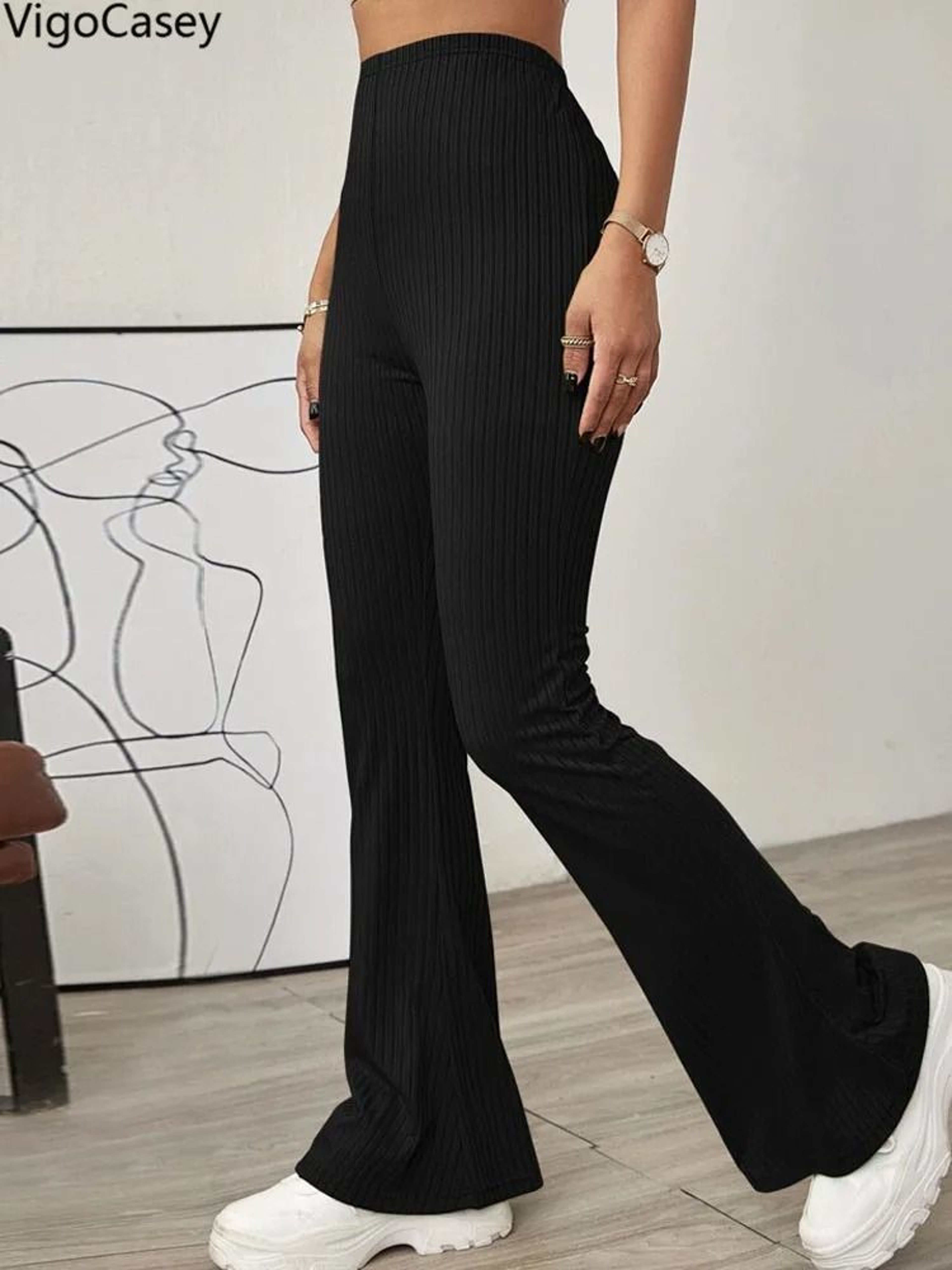 VigoCasey 2025 Casual Knit High Waist Bell Bottom Pants Autumn Winter Solid Office Trousers 1