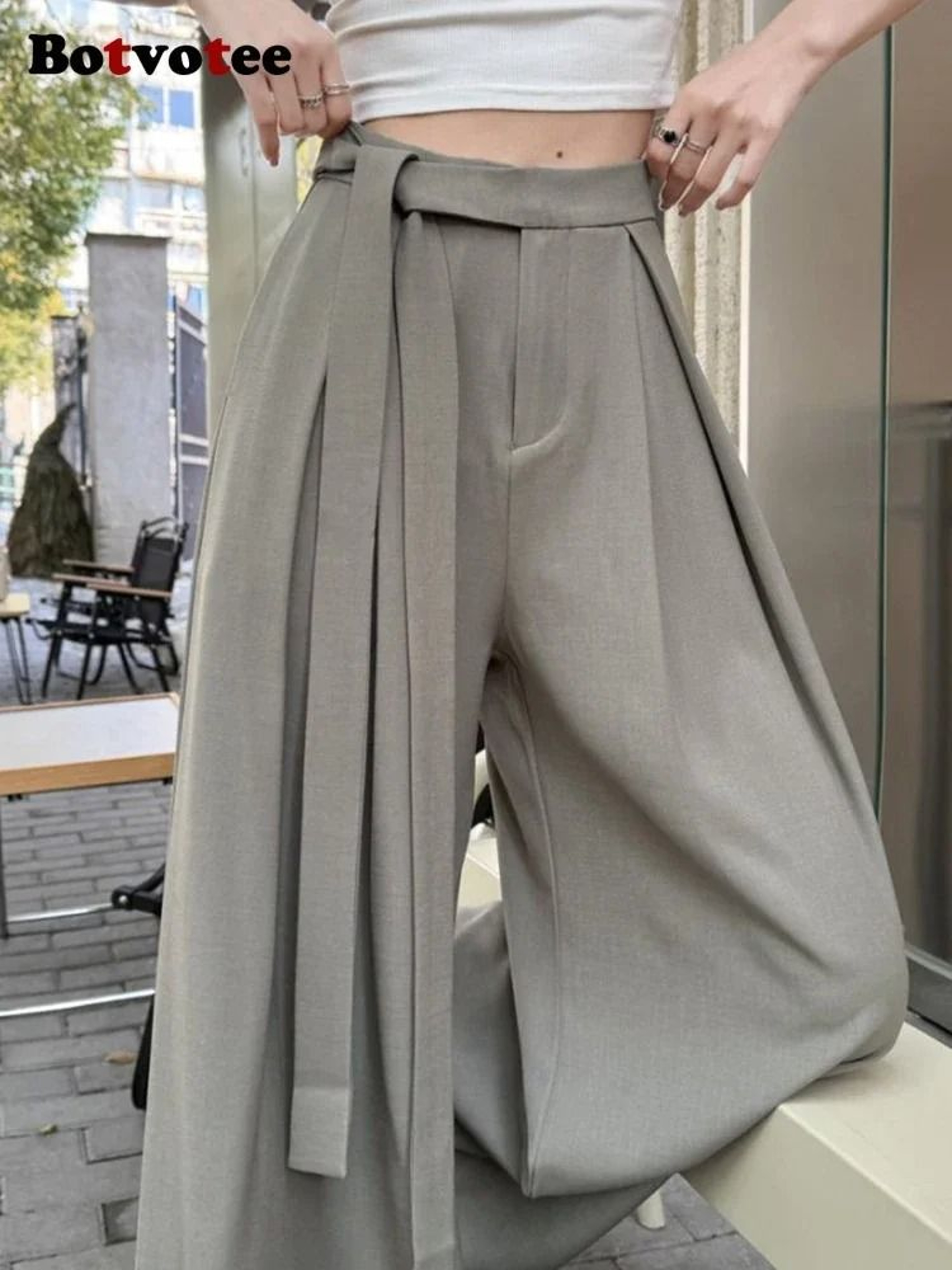 Botvotee Elegant Office Suit Pants High Waisted Wide Leg Baggy Blazer Trousers With Sashes 3