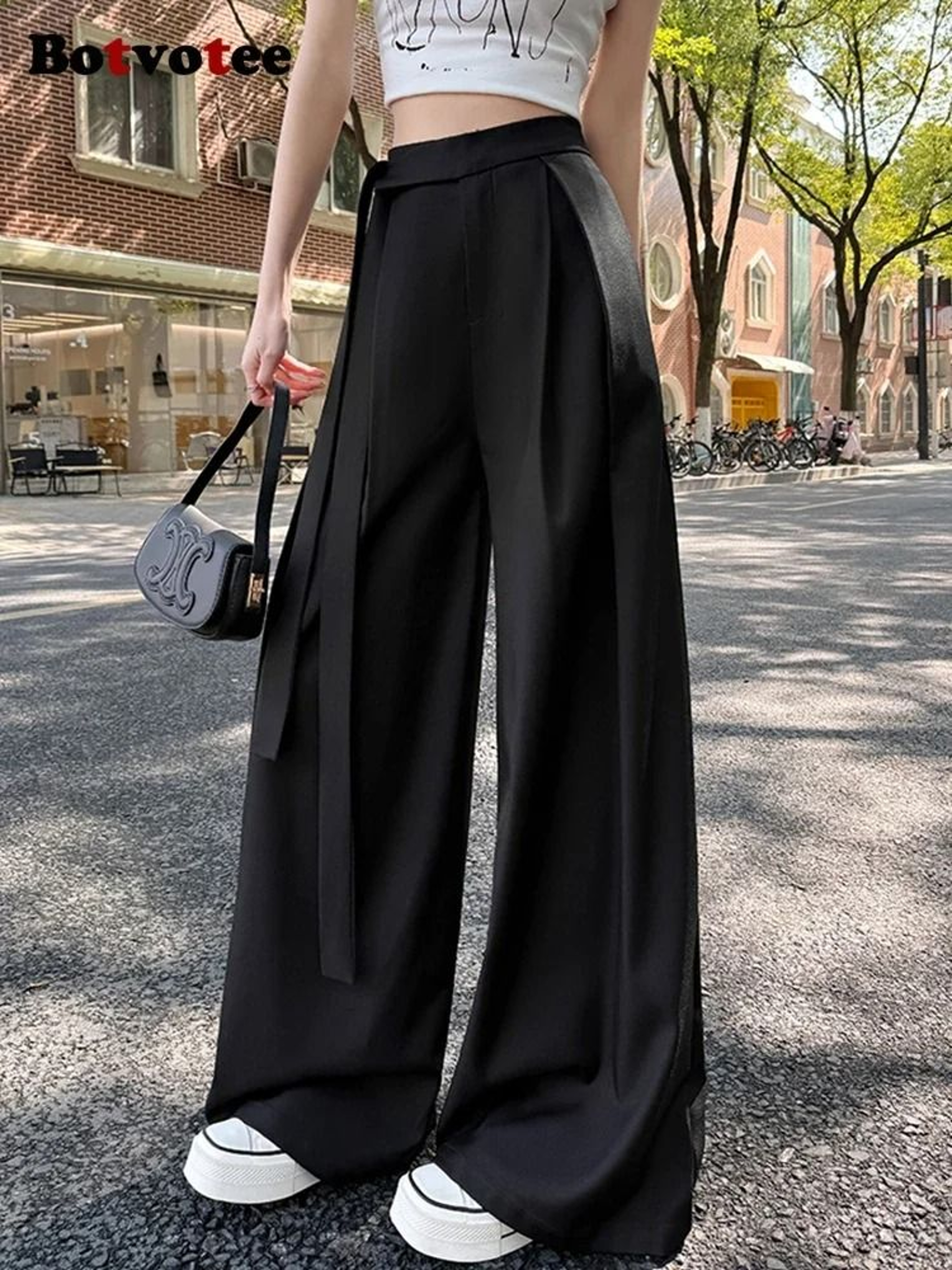 Botvotee Elegant Office Suit Pants High Waisted Wide Leg Baggy Blazer Trousers With Sashes 4