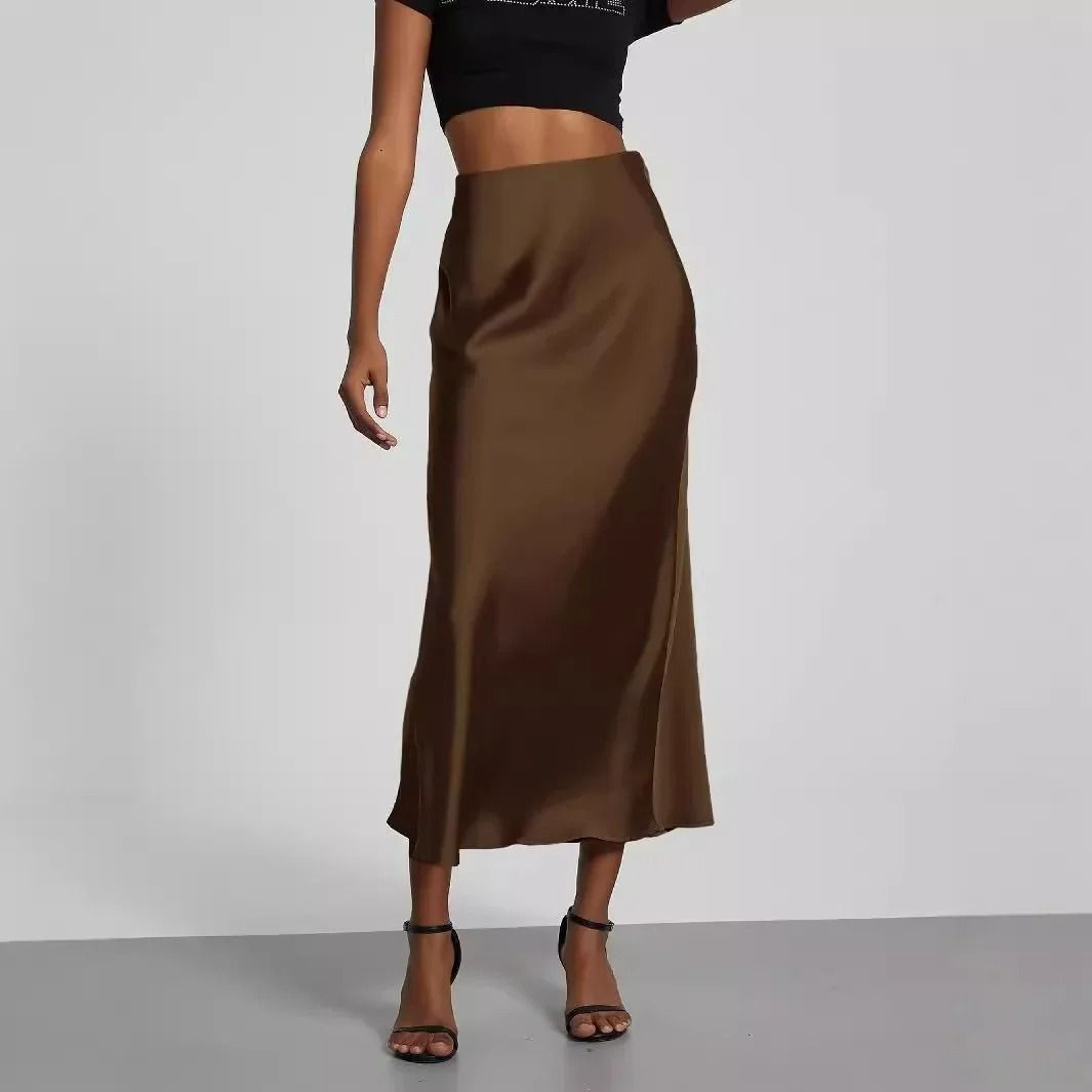 Womens Elegant Satin Midi Skirt  European Style Solid Color HighGloss Dress  Versatile Fashion Infr 0
