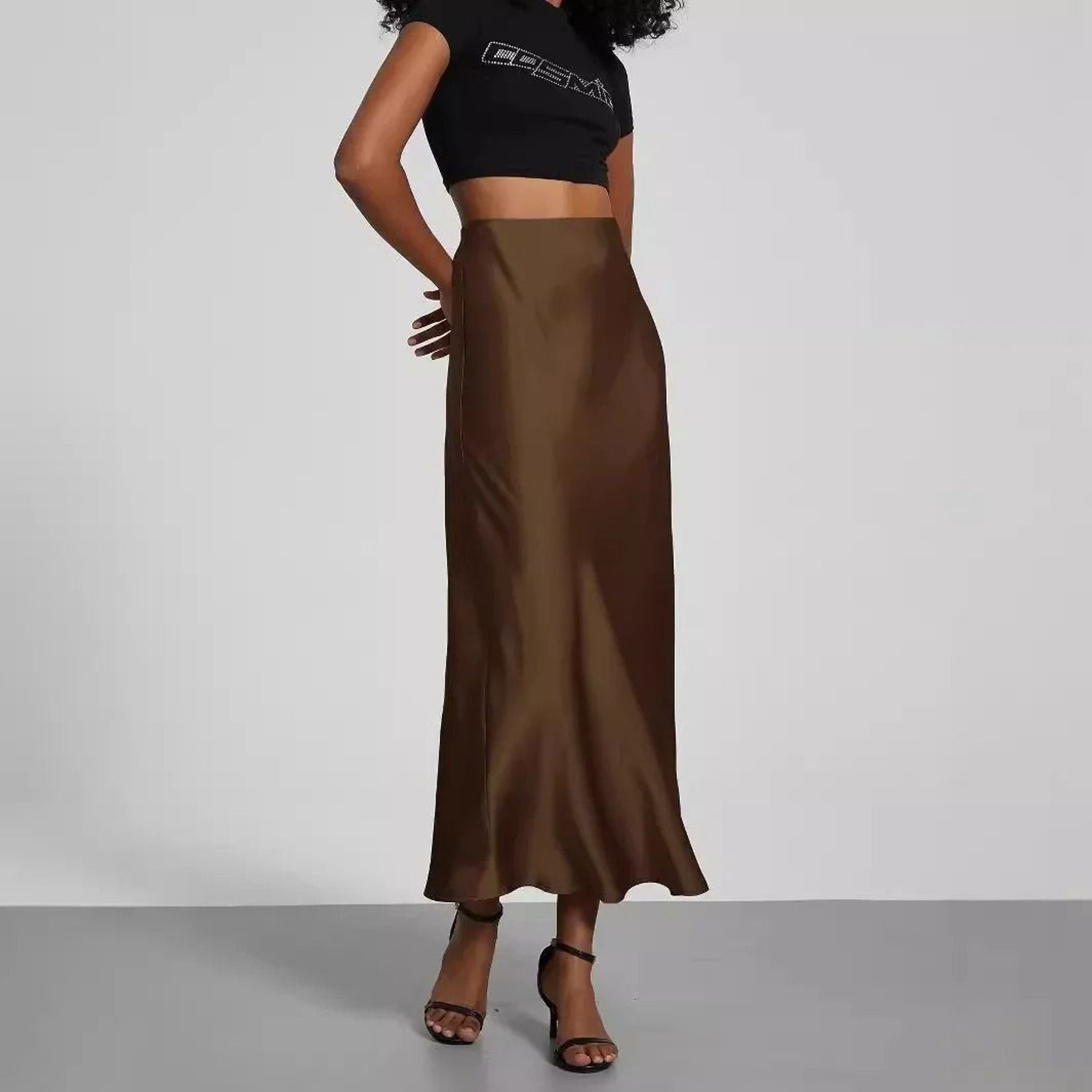 Womens Elegant Satin Midi Skirt  European Style Solid Color HighGloss Dress  Versatile Fashion Infr 3