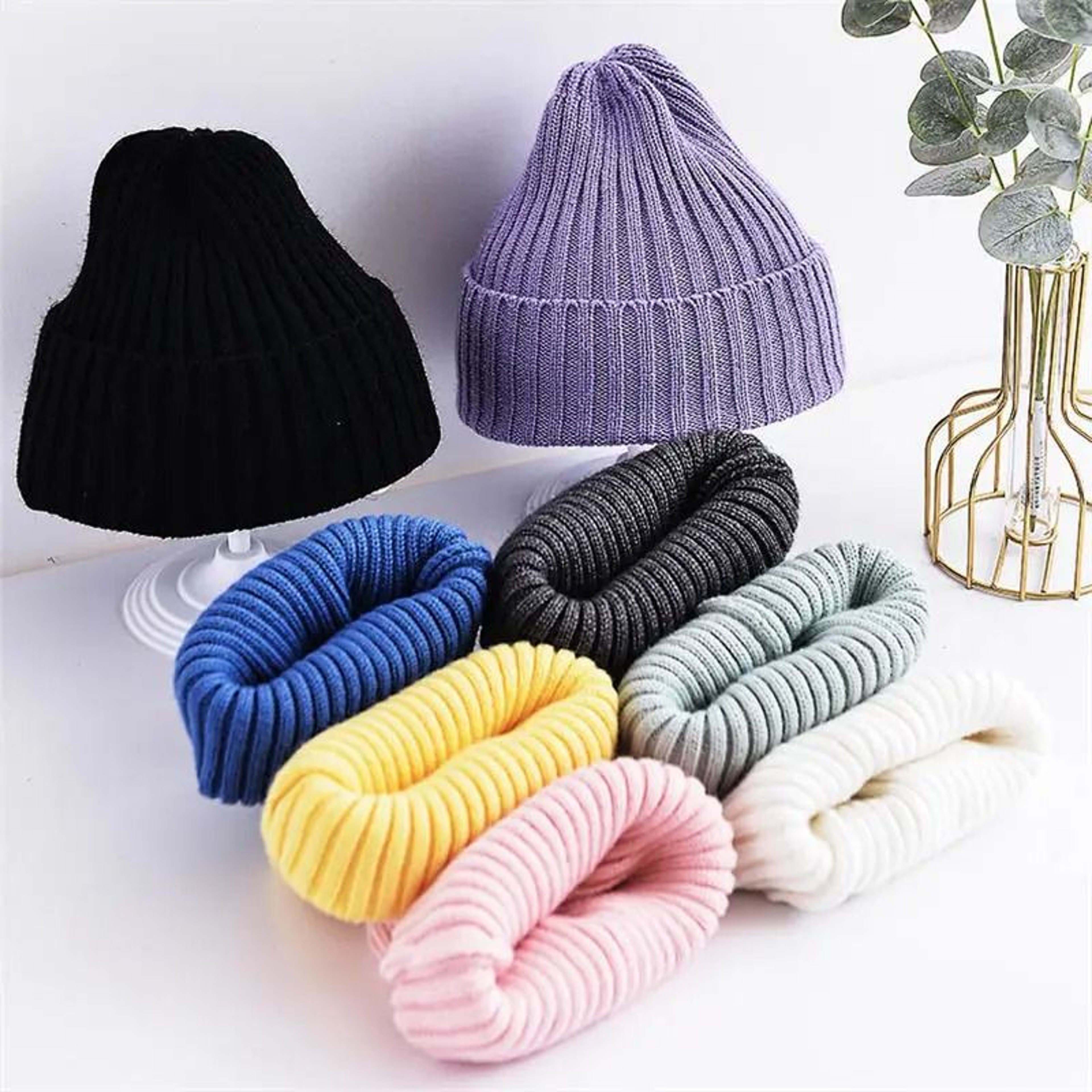 Baby Kids Ribbed Knitted Beanie Hat Windproof Toddler Photography Accessory 2