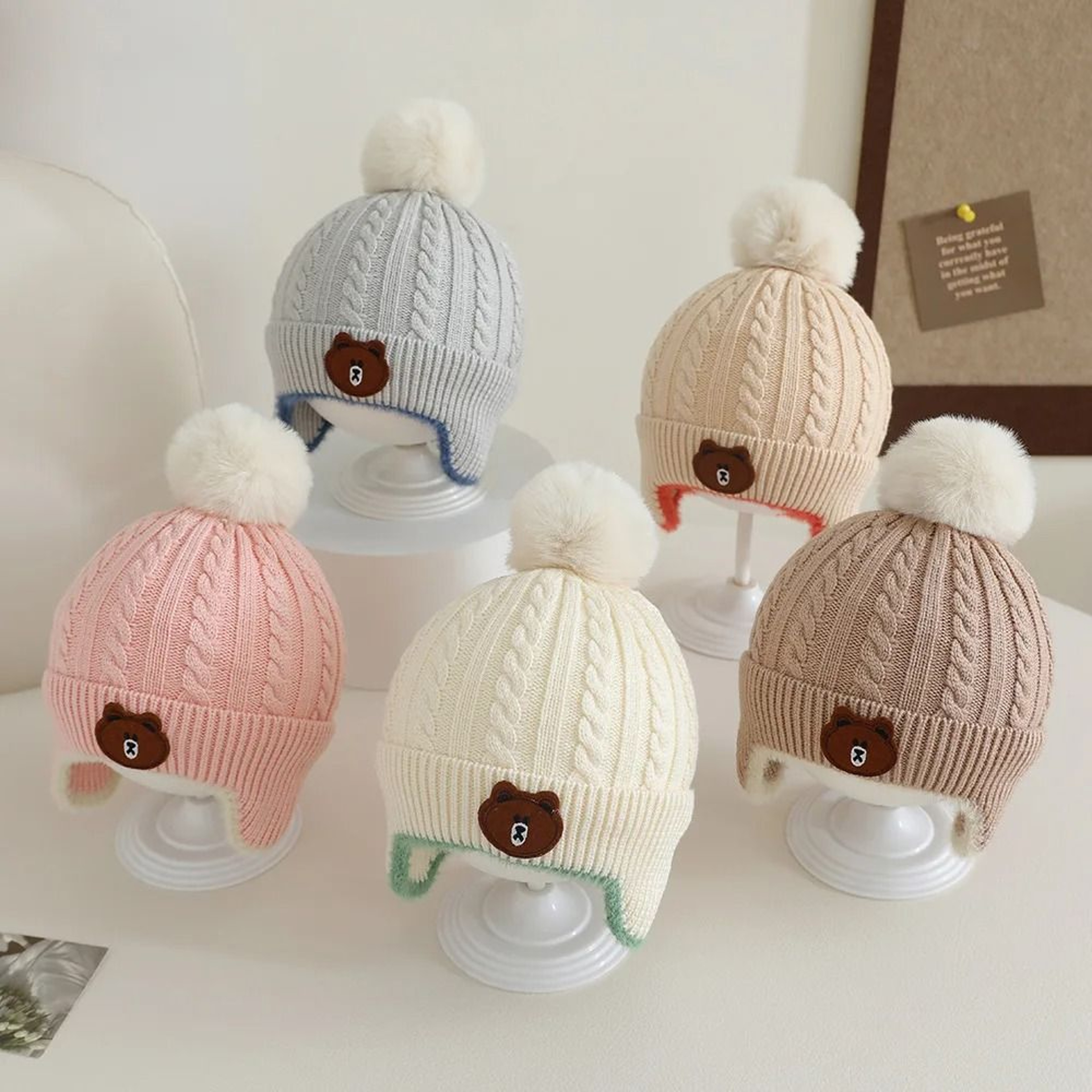 UrsineKinetic Pompom Beanie  Premium Knitted EarProtection Hat For Toddlers 0