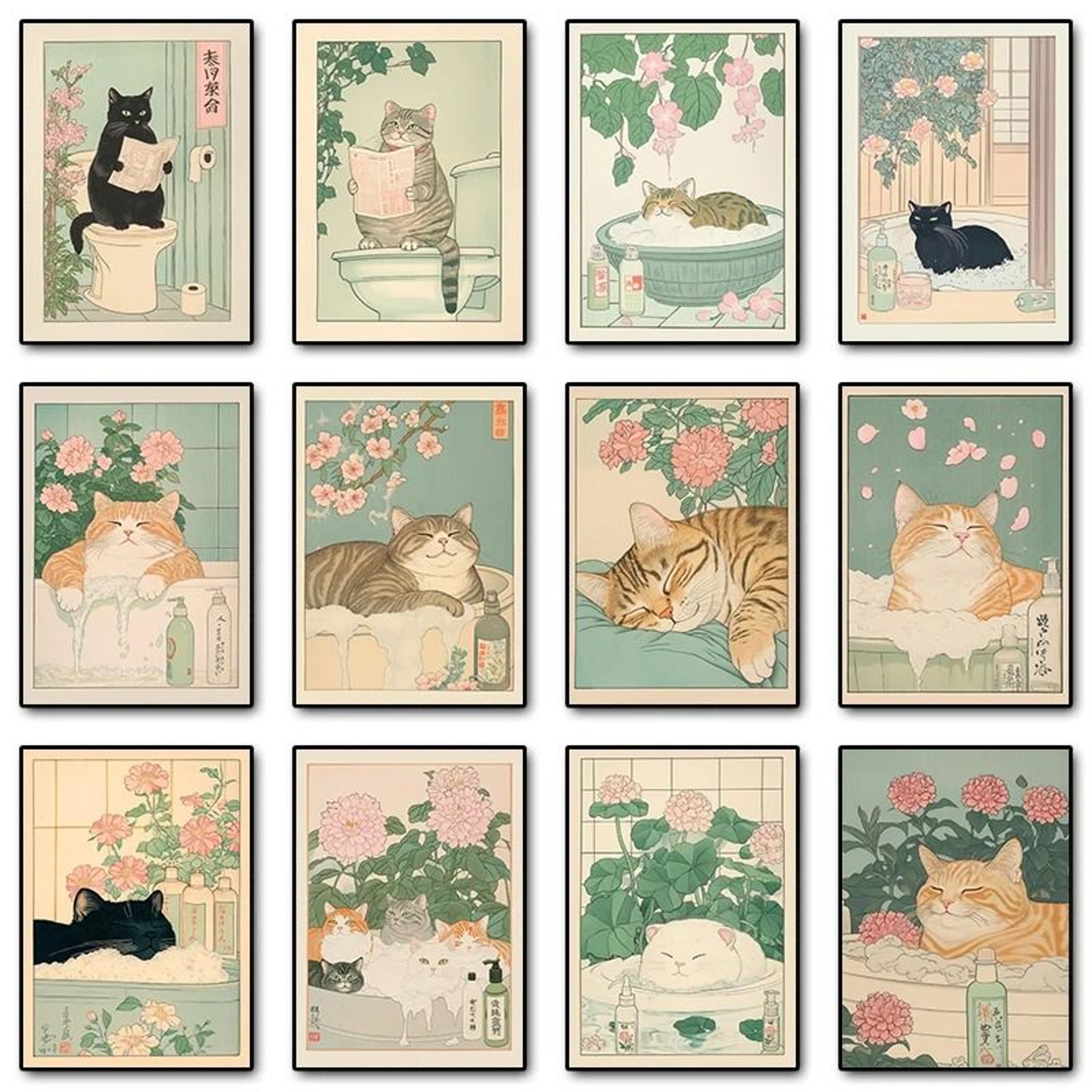 Japanese Tabby Cat In Bathtub Canvas Art  Retro Japandi Bathroom Poster 0