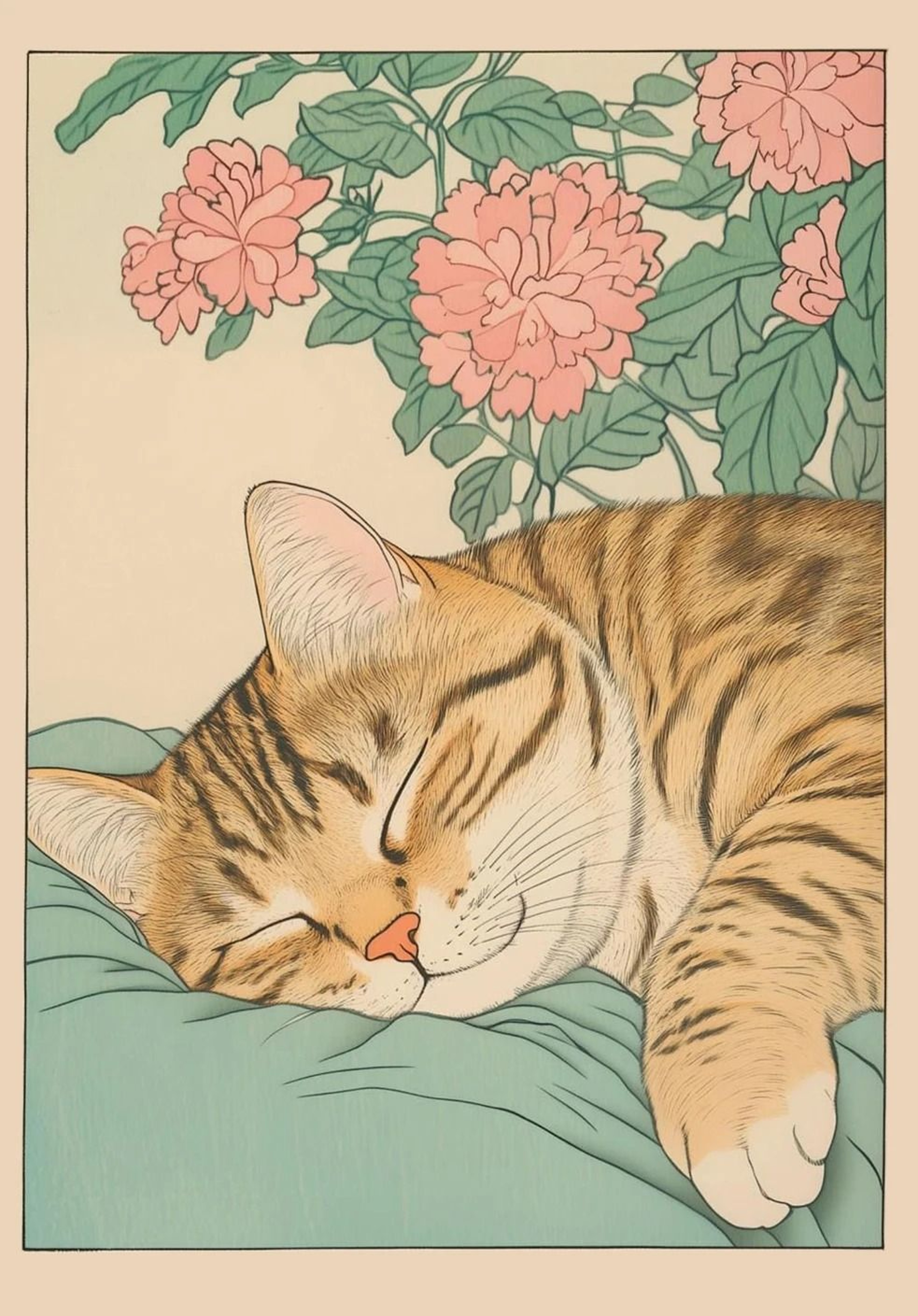 Japanese Tabby Cat In Bathtub Canvas Art  Retro Japandi Bathroom Poster 11
