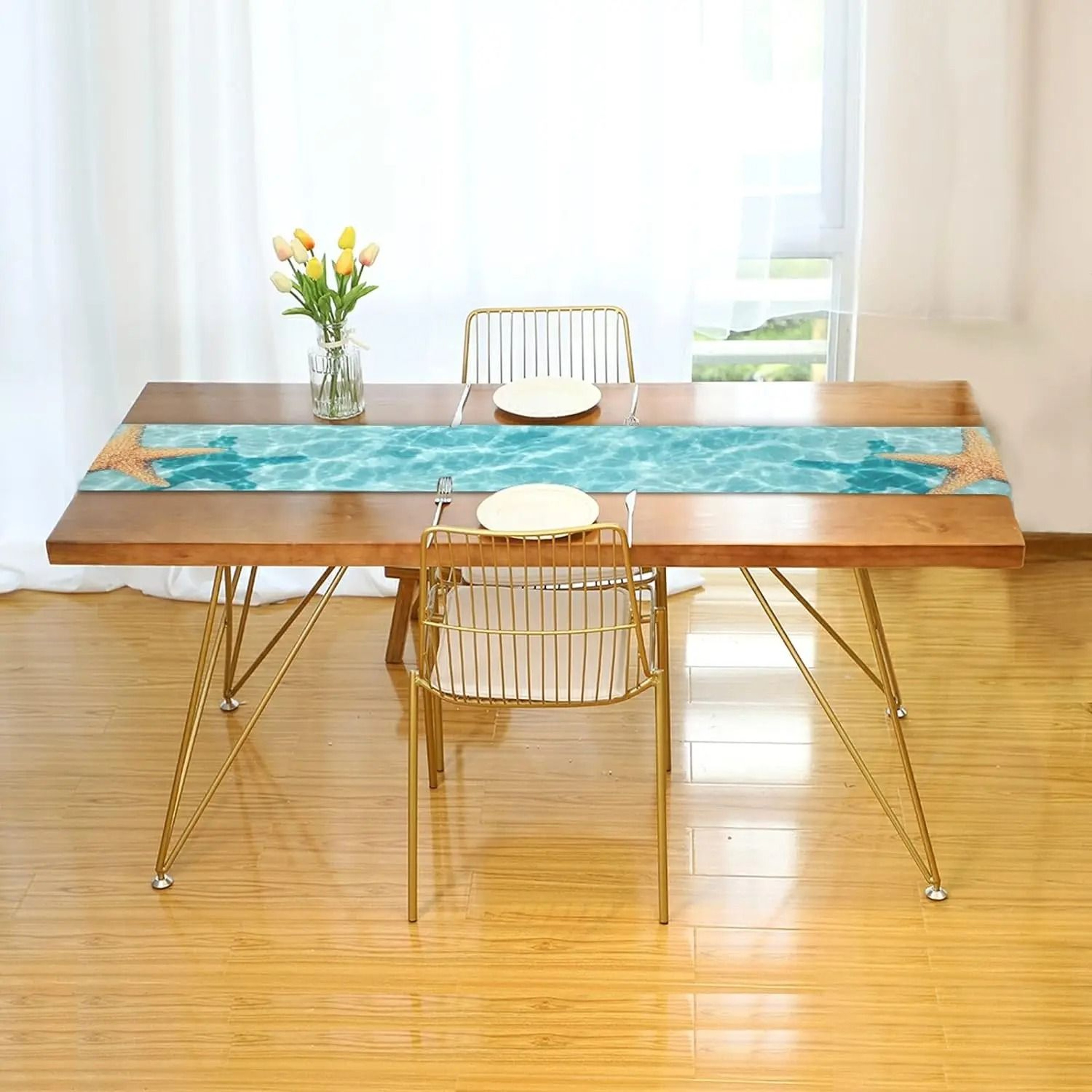 Watercolor Starfish Ocean Linen Table Runner  Coastal Dresser Scarf  Kitchen Decor 4