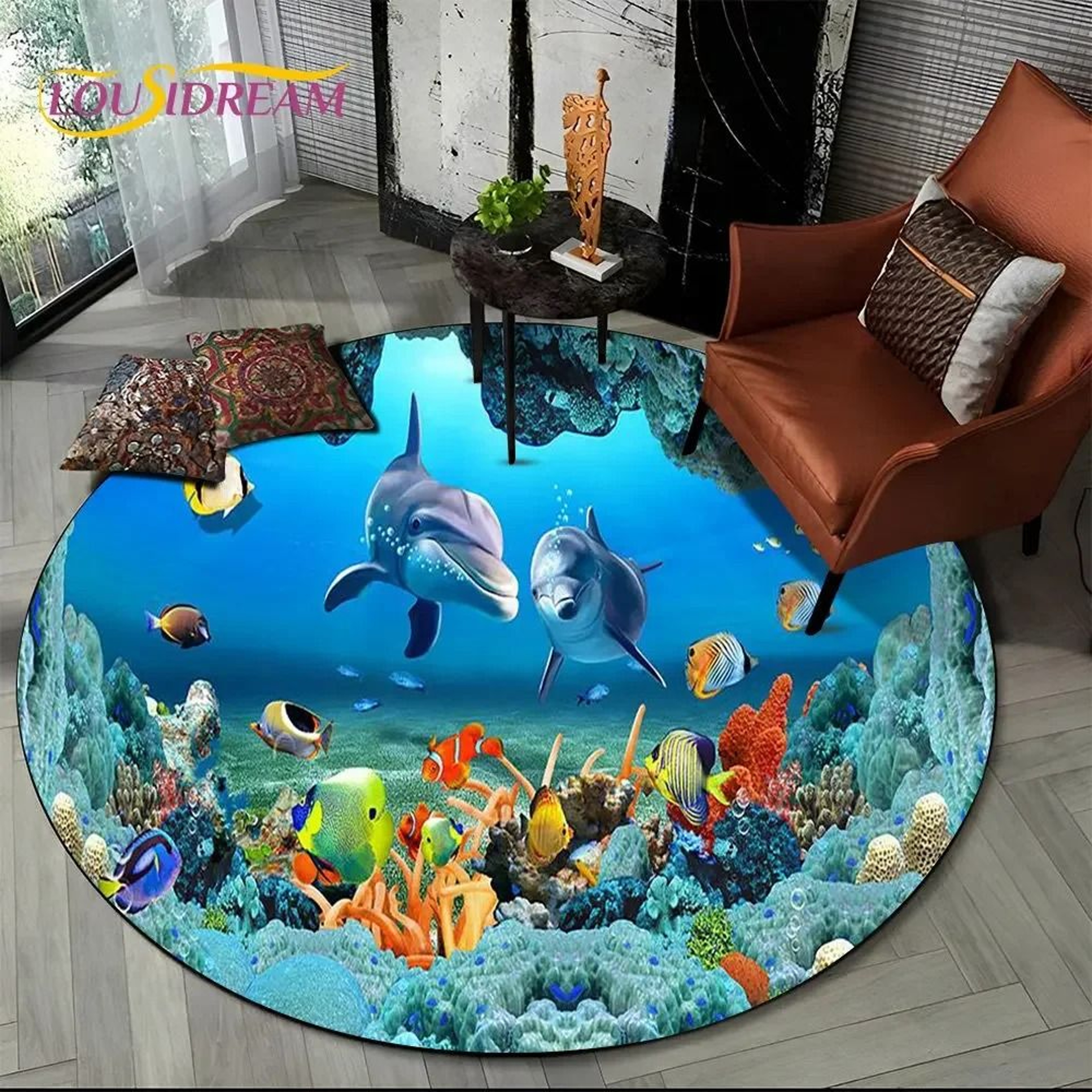 3D Seabed Illusion Dolphin Round Rug  Underwater World NonSlip Floor Mat 23