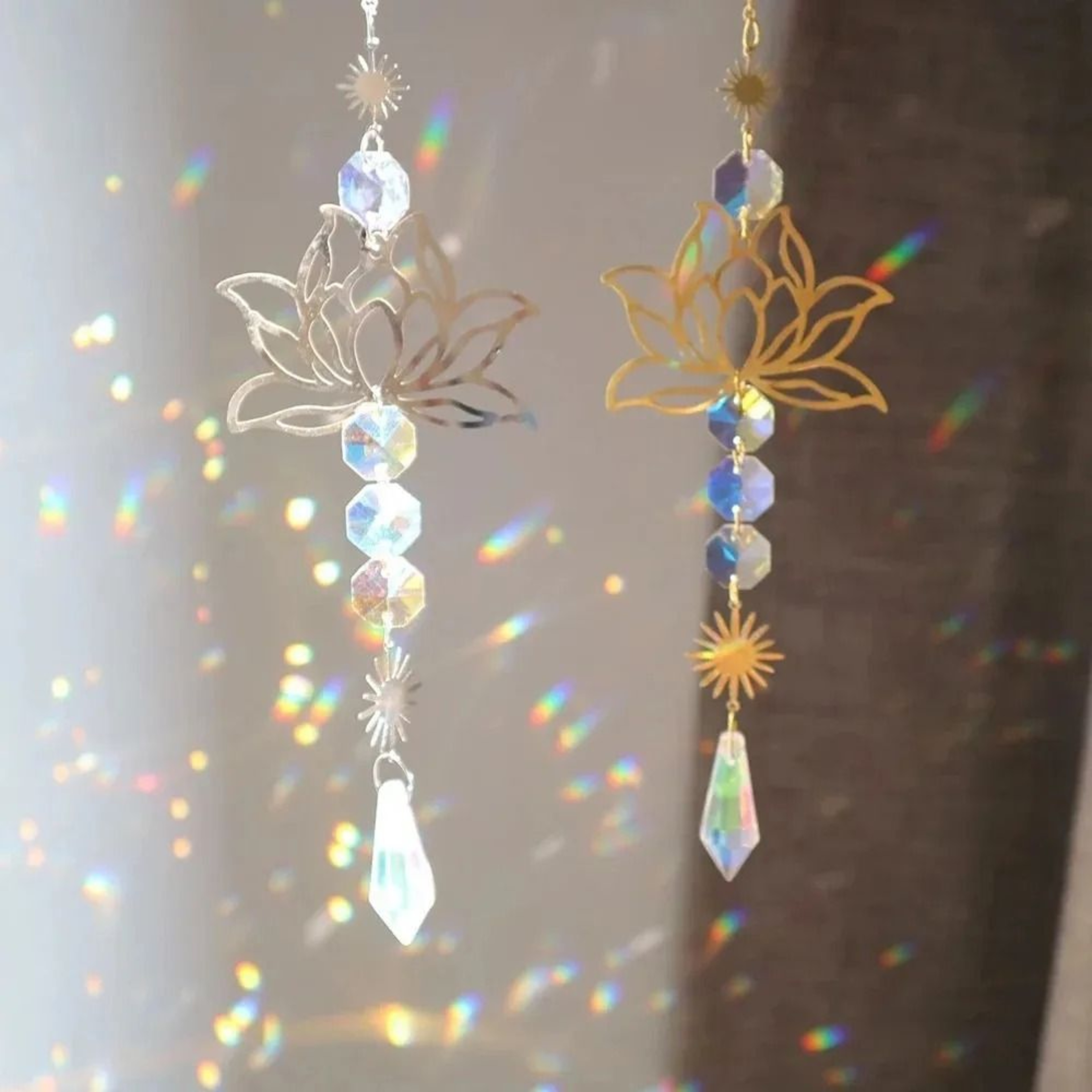 Lotus Crystal Suncatcher Pendant  Handmade Metal  Prism Wind Chime Charm 1
