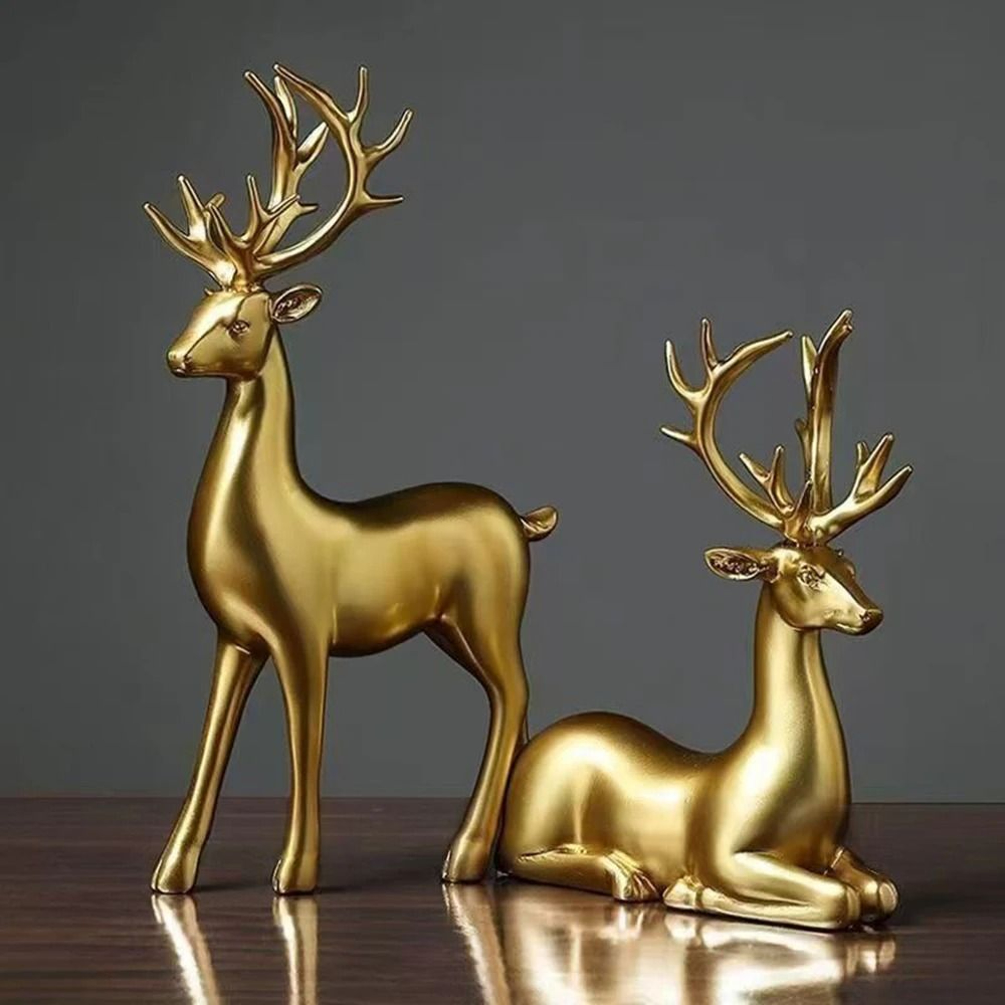 Golden Reindeer Christmas Table Decor  2Piece Elegant Elk Home Statue Set 6
