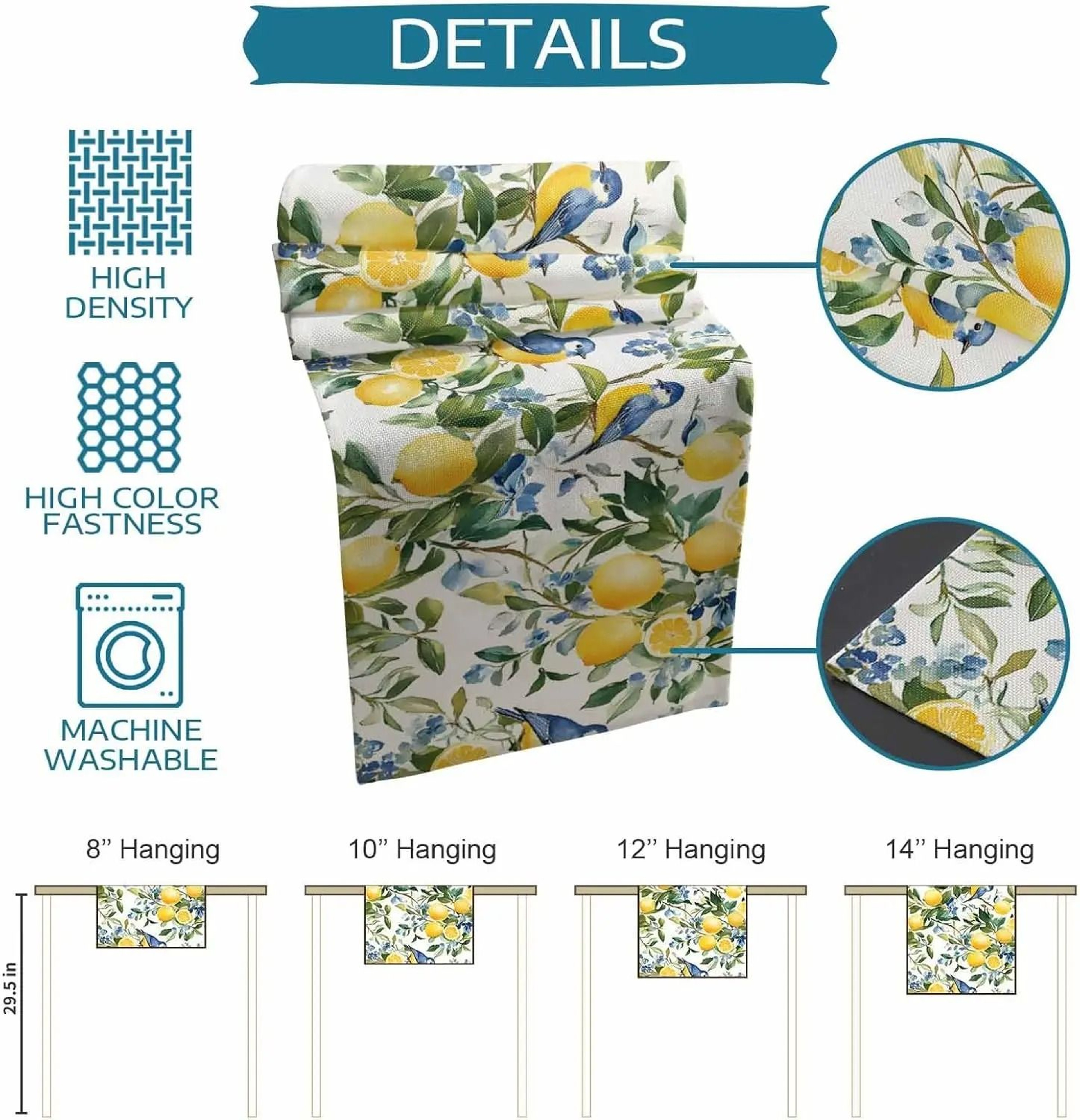 Lemon Tree  Blue Birds Linen Table Runner  Vintage Watercolor Fruit Dresser Scarf 5