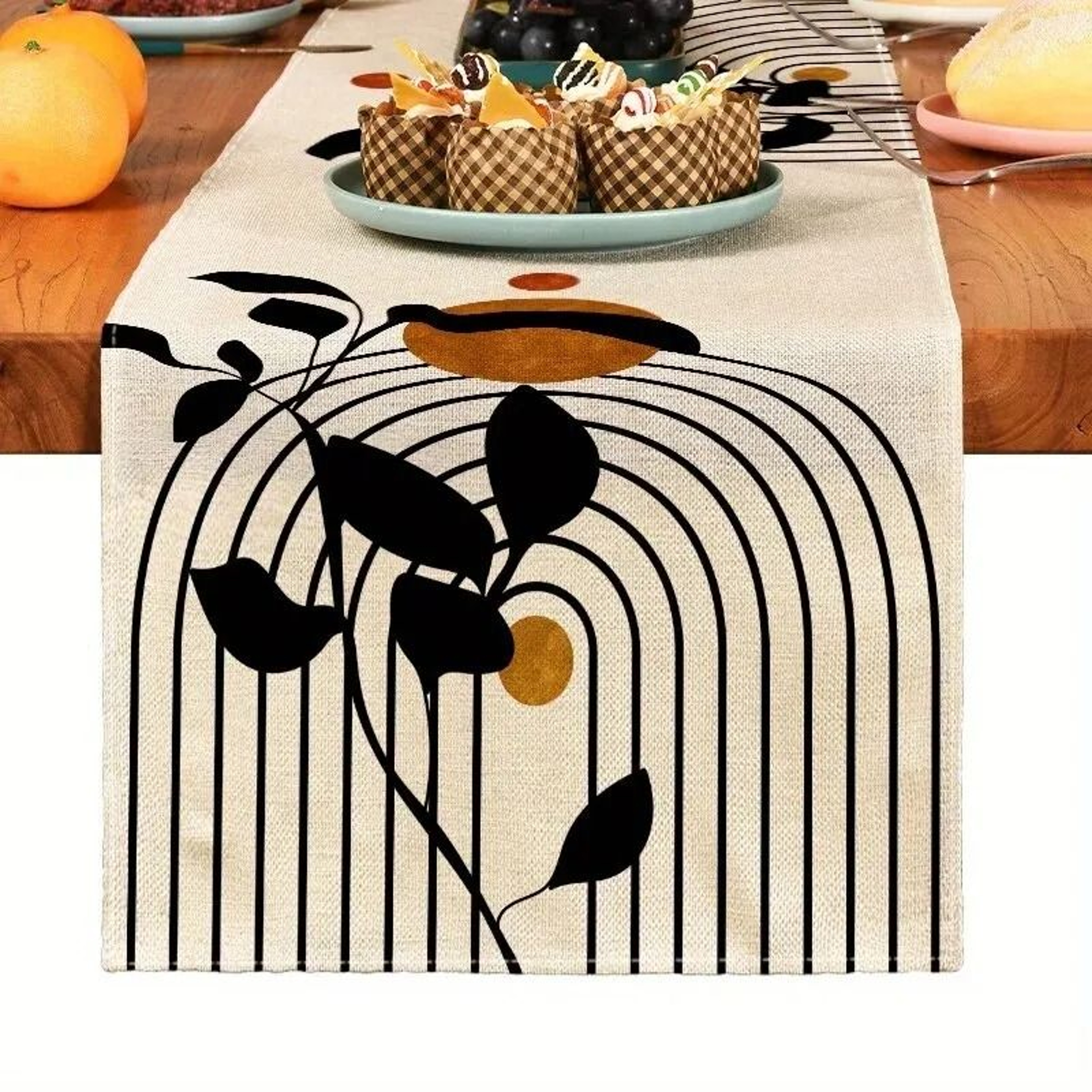 Minimalist Bohemia Plant Table Runner  Modern Linen Dining Decor 13x70 Inch 7