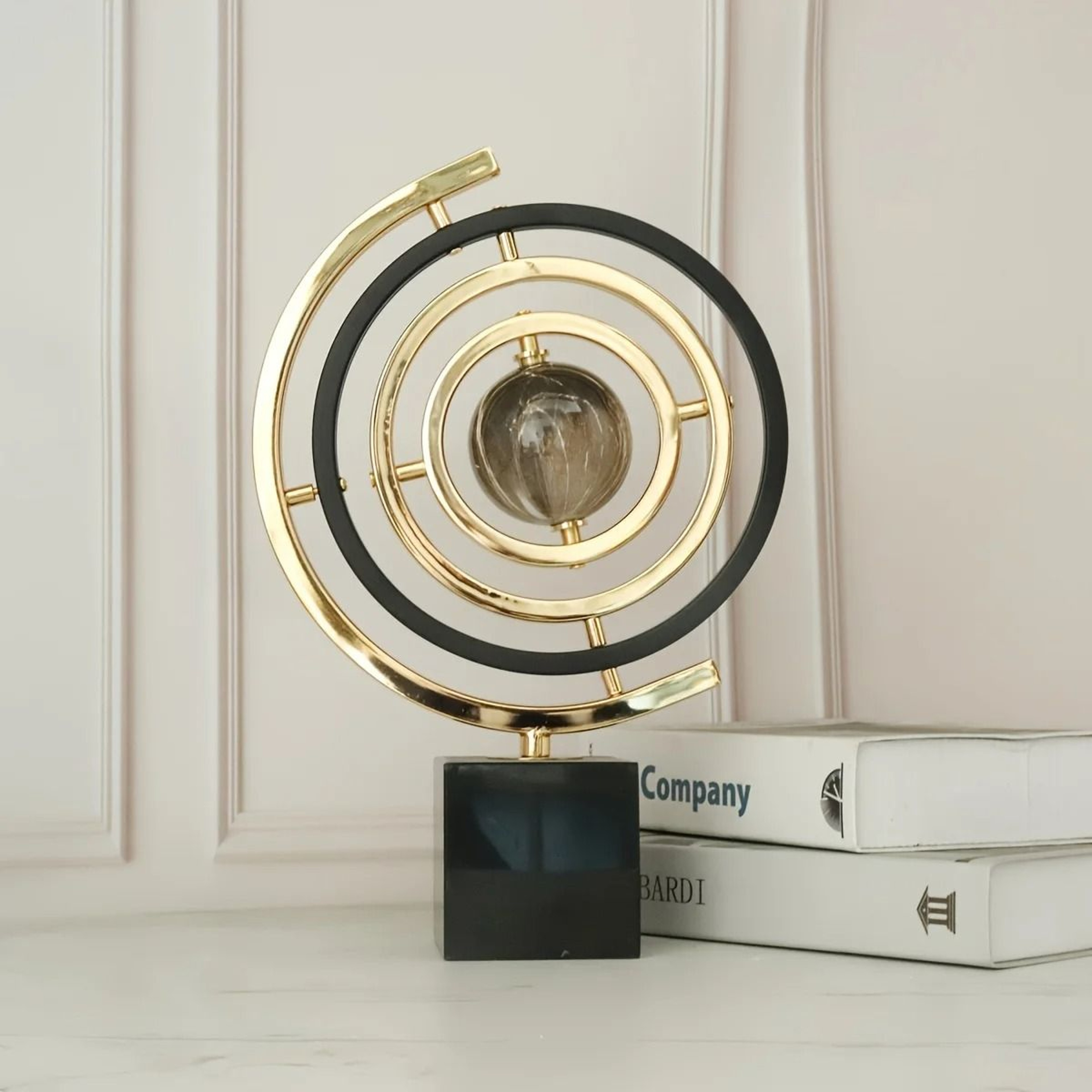 Modern Abstract Metal Globe Sculpture  Black  Golden Kinetic Art For Executive Office  Living Room 3