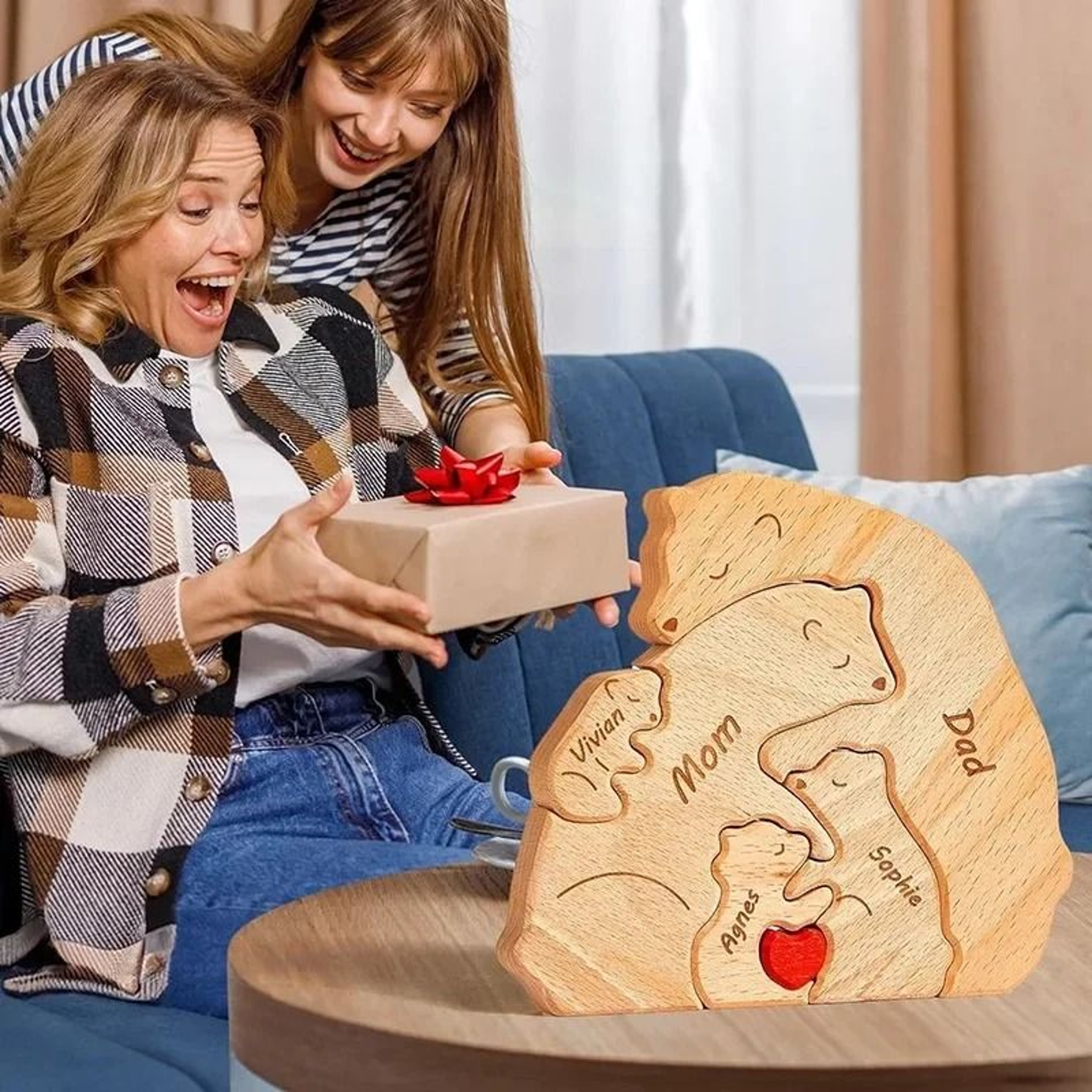 Custom HandCarved Bear Family Puzzle  Personalized Wooden Art Ornament  FathersMothers Day Keepsake 3
