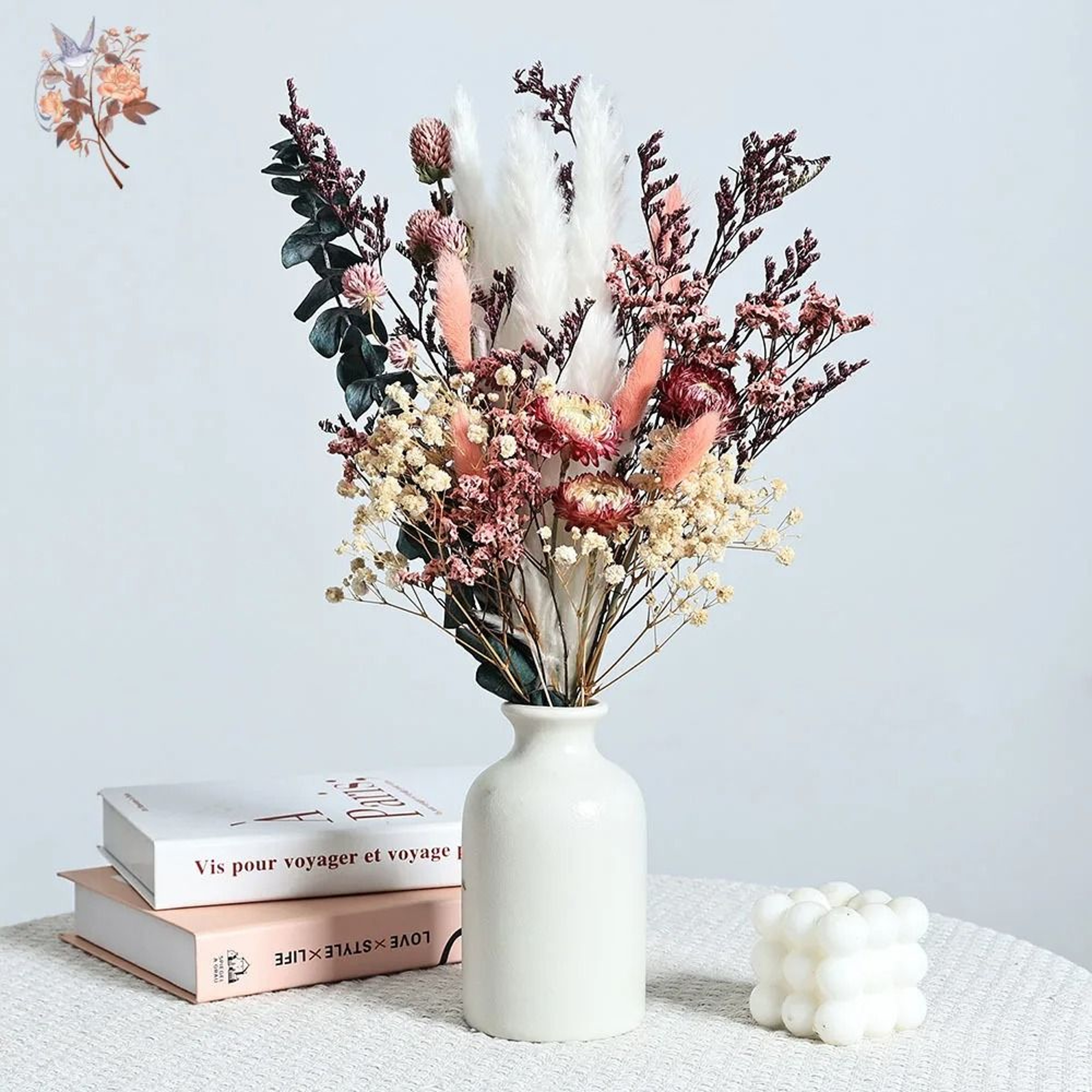 Preserved Helichrysum  Eucalyptus Bouquet  Colorful Boho Floral Centerpiece With Pampas Grass For W 0