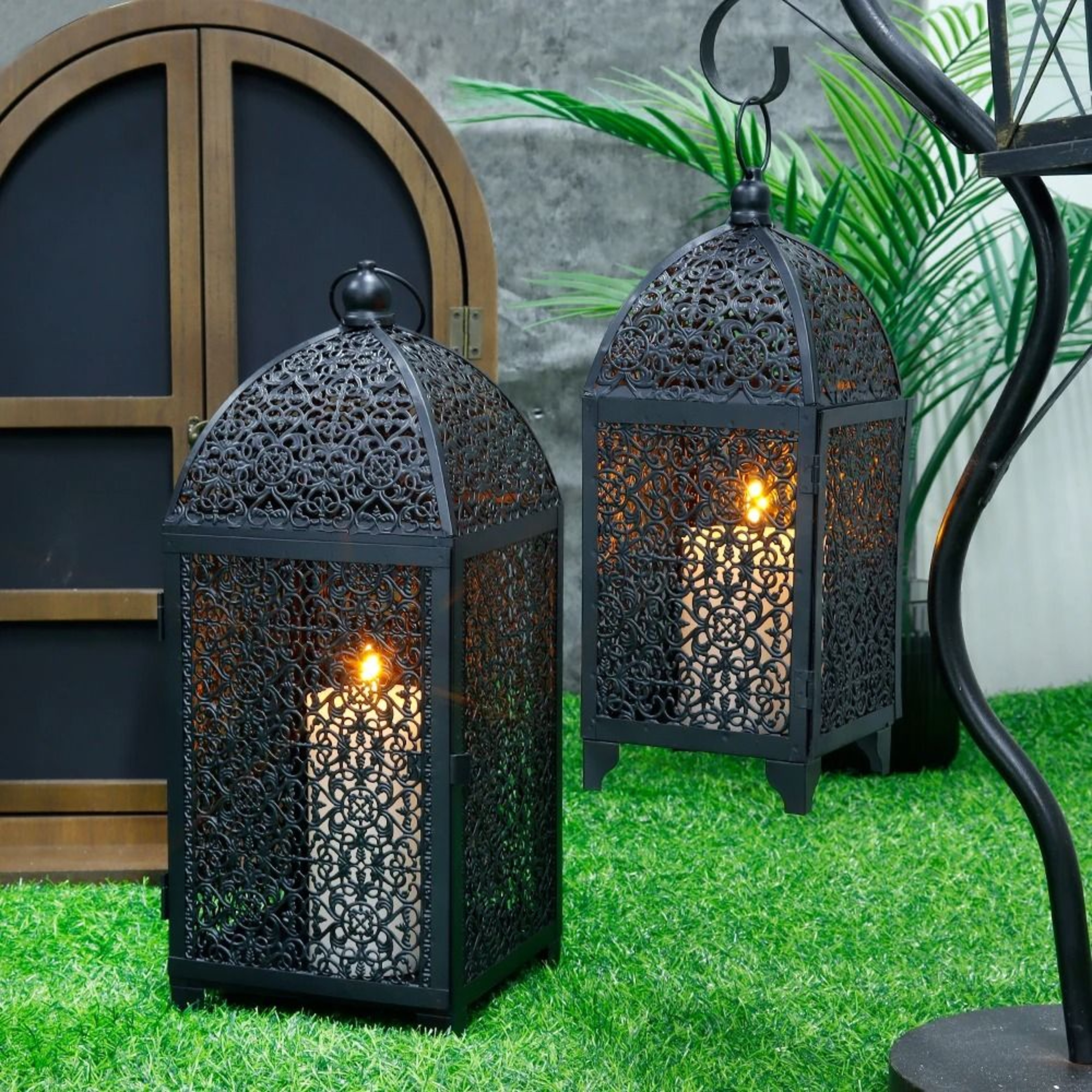 2 Pcs Black Metal Candle Lanterns  Ornate Hollow Pattern Hanging Holders For Garden Patio  Modern H 2