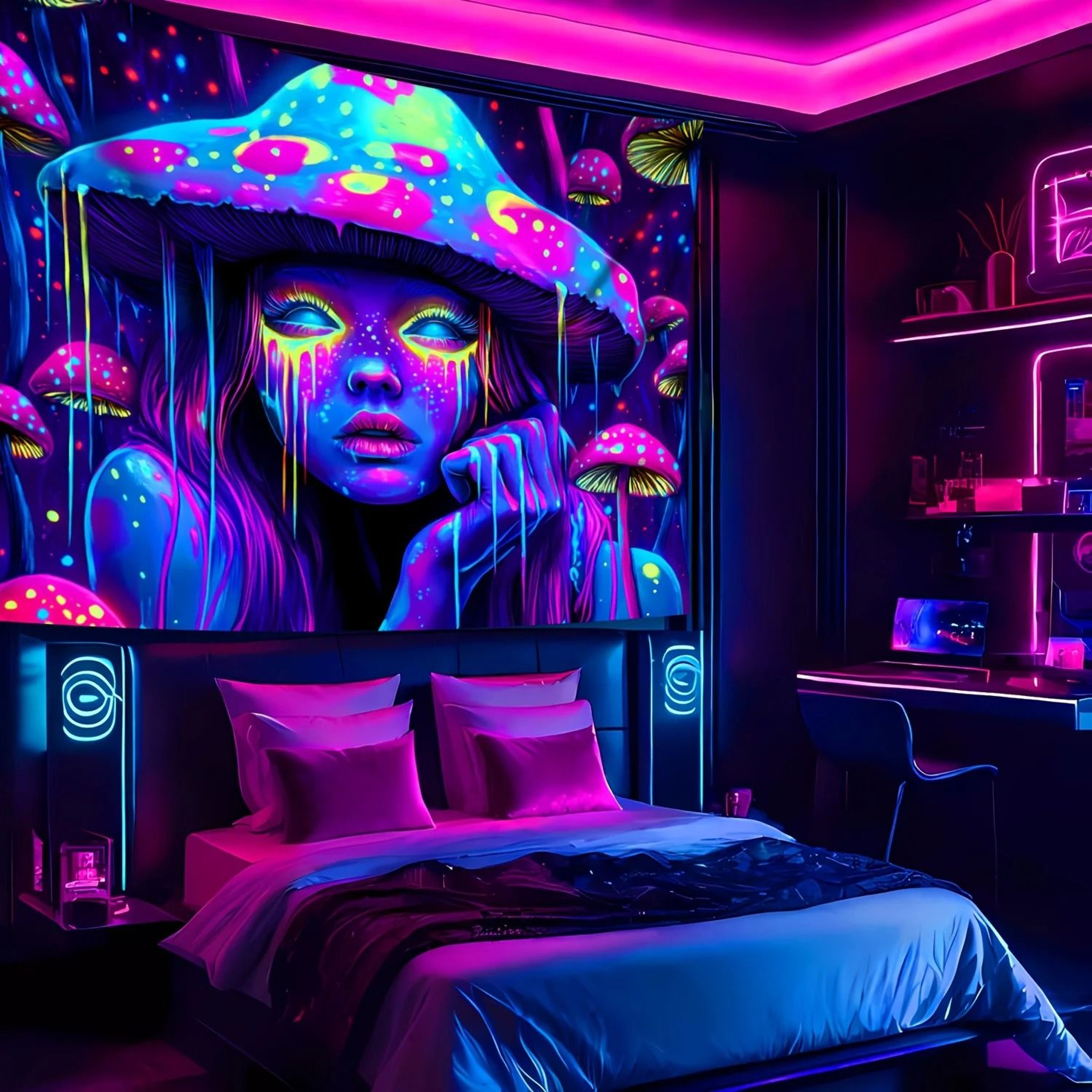 VIKAMA Psychedelic Mushroom Girl Tapestry  Blacklight Reactive Wall Hanging  Neon Decor For Gaming  2