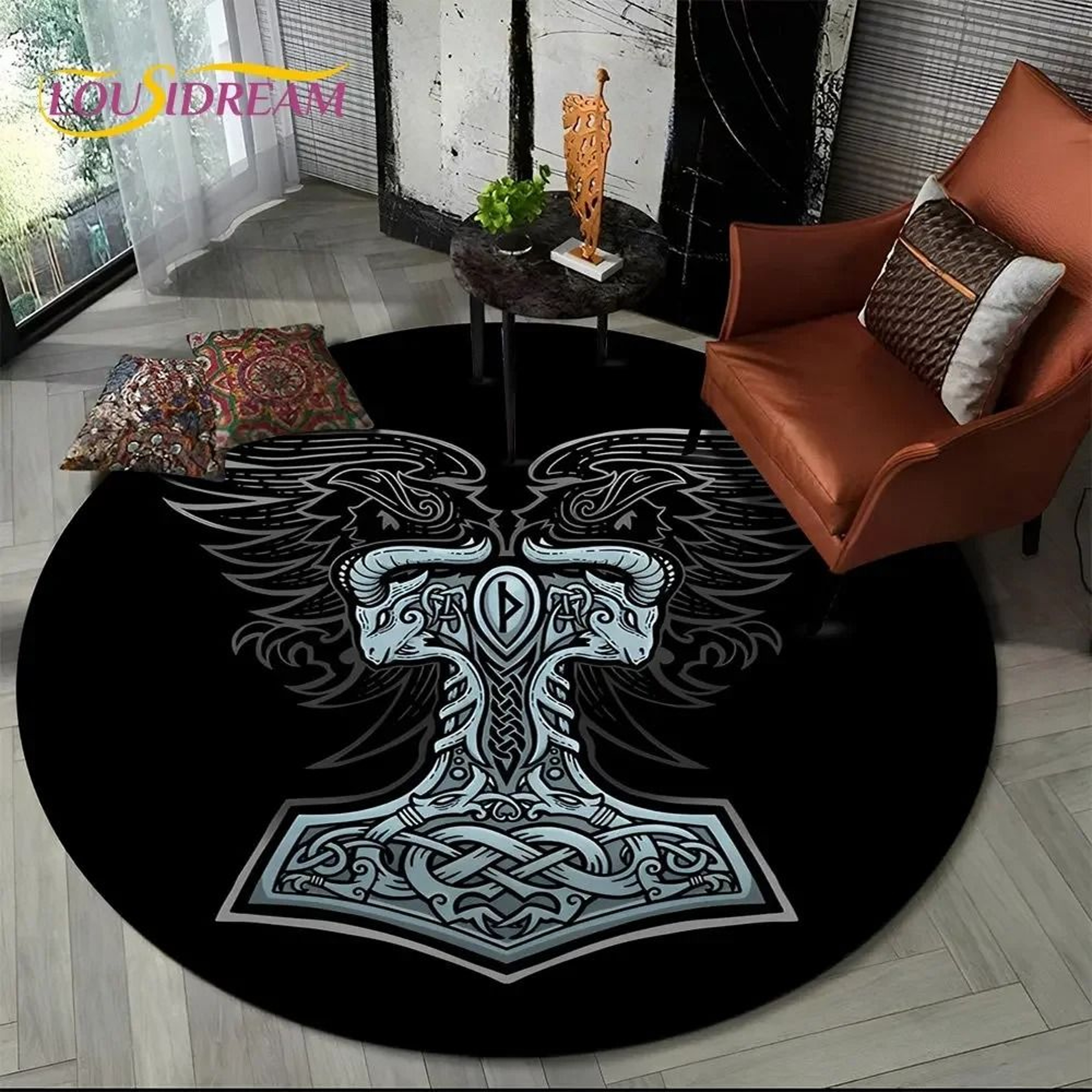 Viking Valknut Yggdrasil Round Rug  Nordic Tree Of Life Carpet  Mythic NonSlip Floor Mat 15