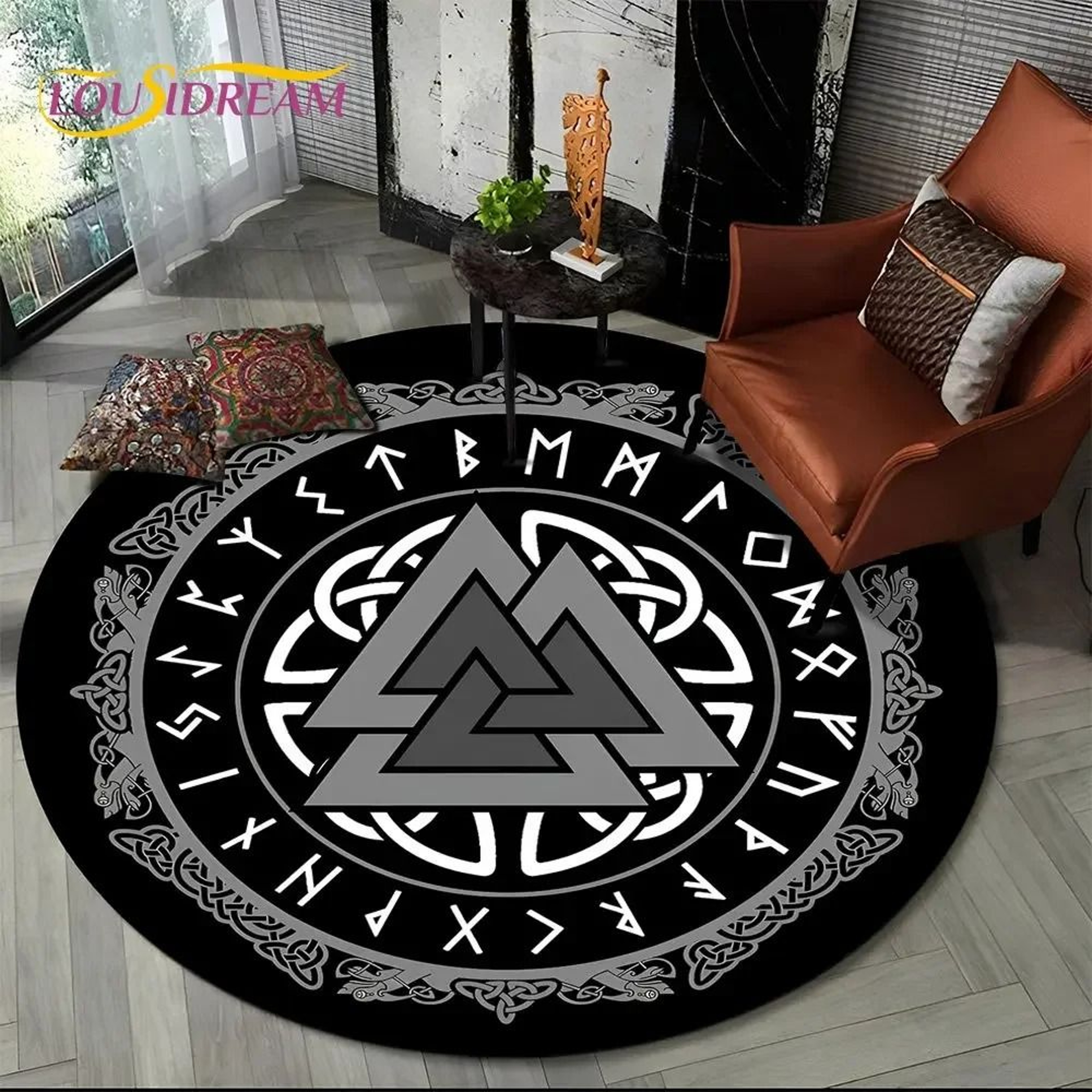 Viking Valknut Yggdrasil Round Rug  Nordic Tree Of Life Carpet  Mythic NonSlip Floor Mat 8