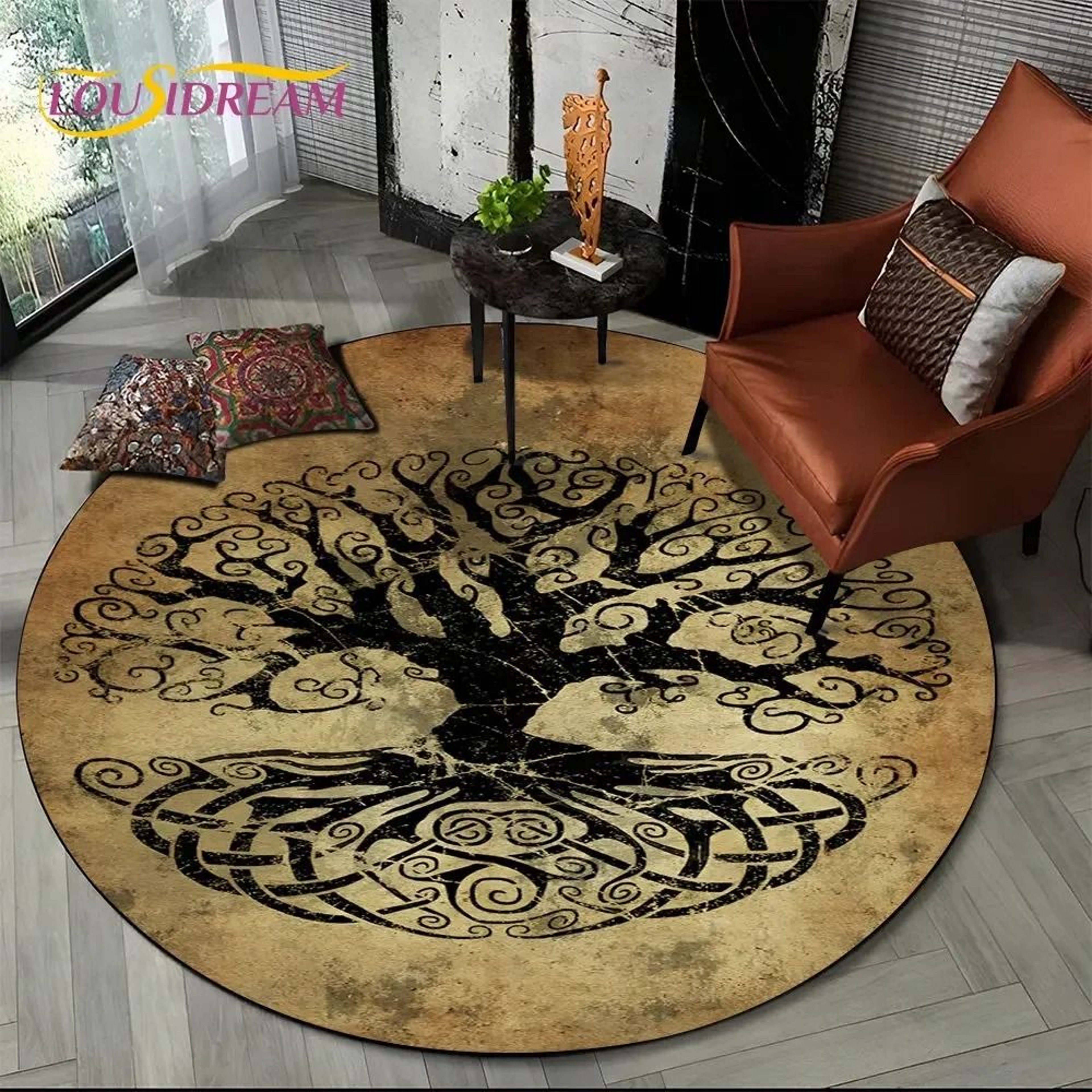 Viking Valknut Yggdrasil Round Rug  Nordic Tree Of Life Carpet  Mythic NonSlip Floor Mat 16
