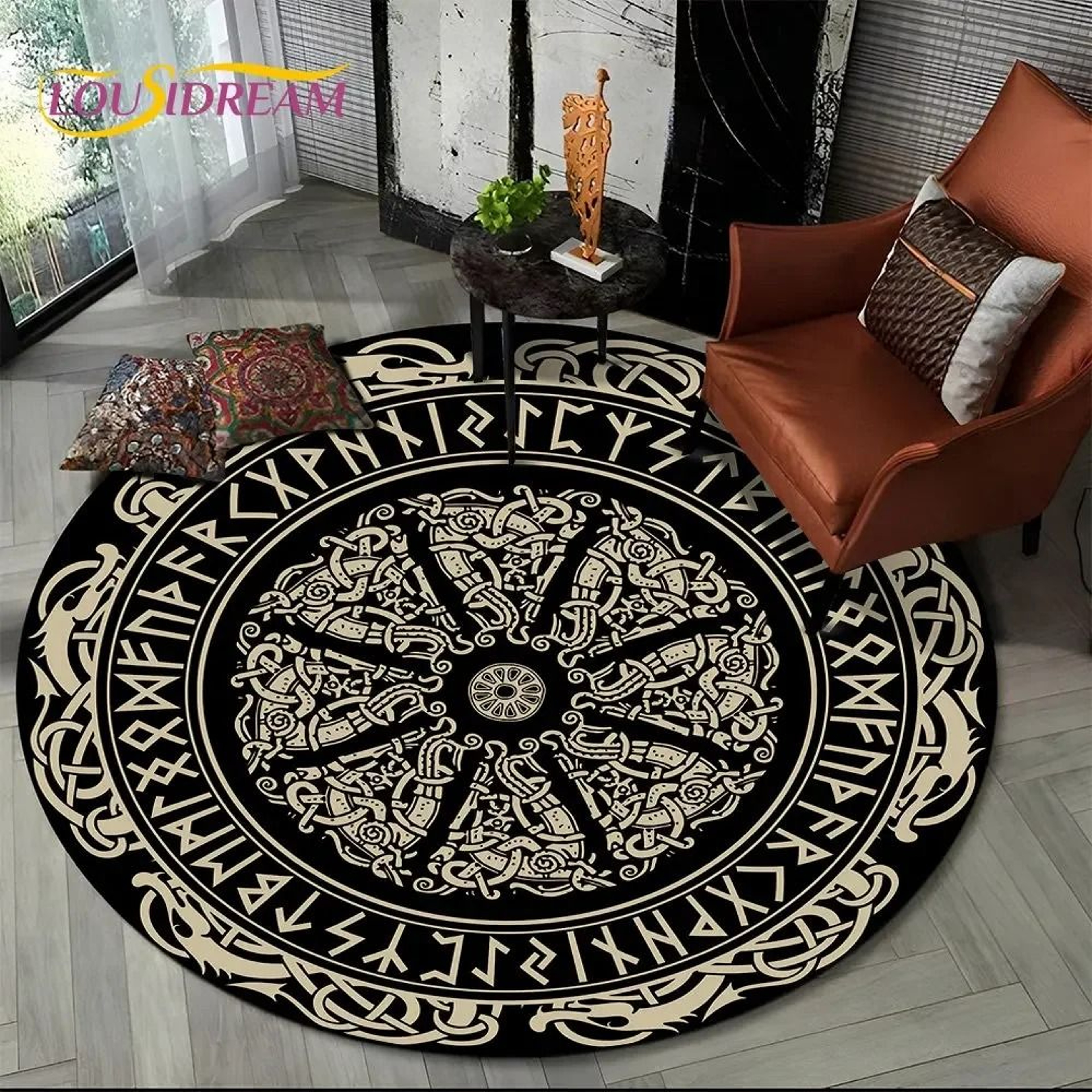 Viking Valknut Yggdrasil Round Rug  Nordic Tree Of Life Carpet  Mythic NonSlip Floor Mat 27