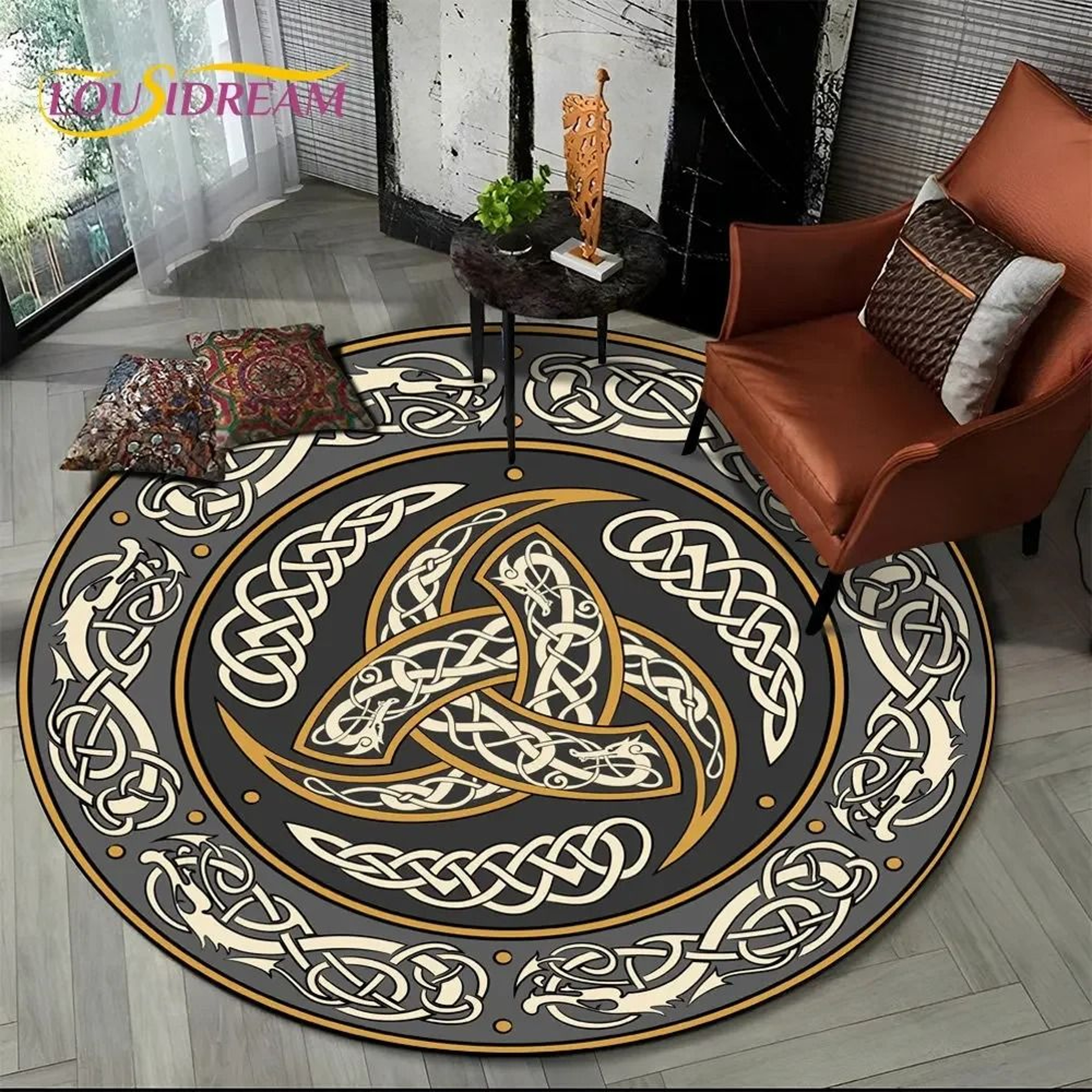 Viking Valknut Yggdrasil Round Rug  Nordic Tree Of Life Carpet  Mythic NonSlip Floor Mat 29