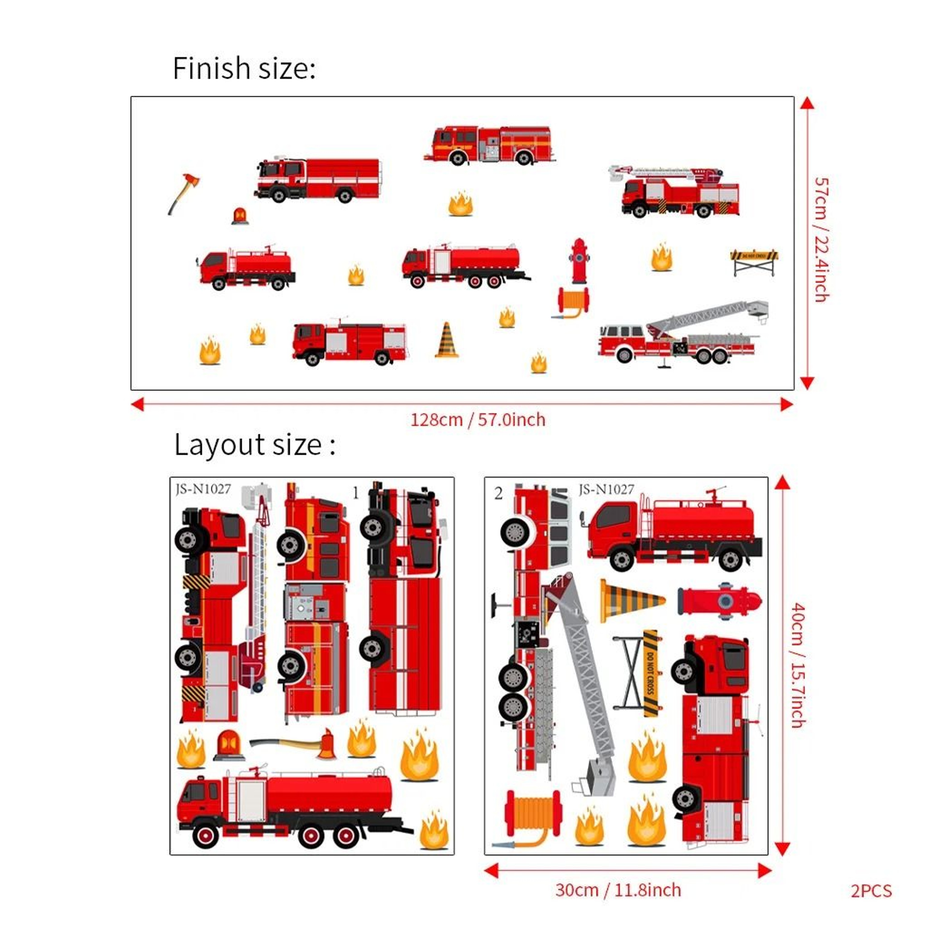 Cartoon Fire Truck Wall Decals  Fire Engine Nursery Decor  Playroom  Boys Bedroom Fireman Mural Sti 4