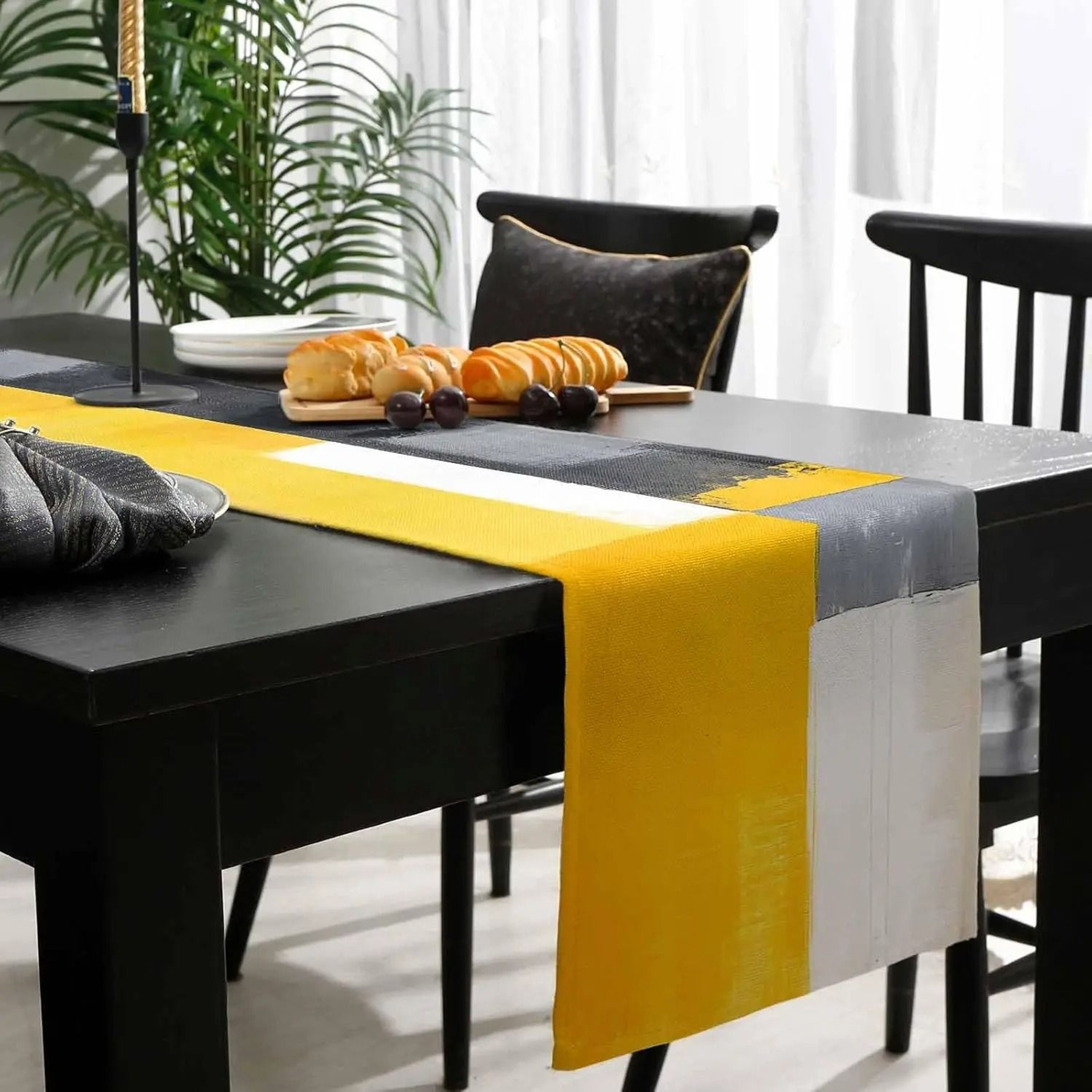 Abstract Geometric Linen Table Runner  Yellow  Grey Art Deco Dresser Scarf  Modern Holiday Kitchen  3