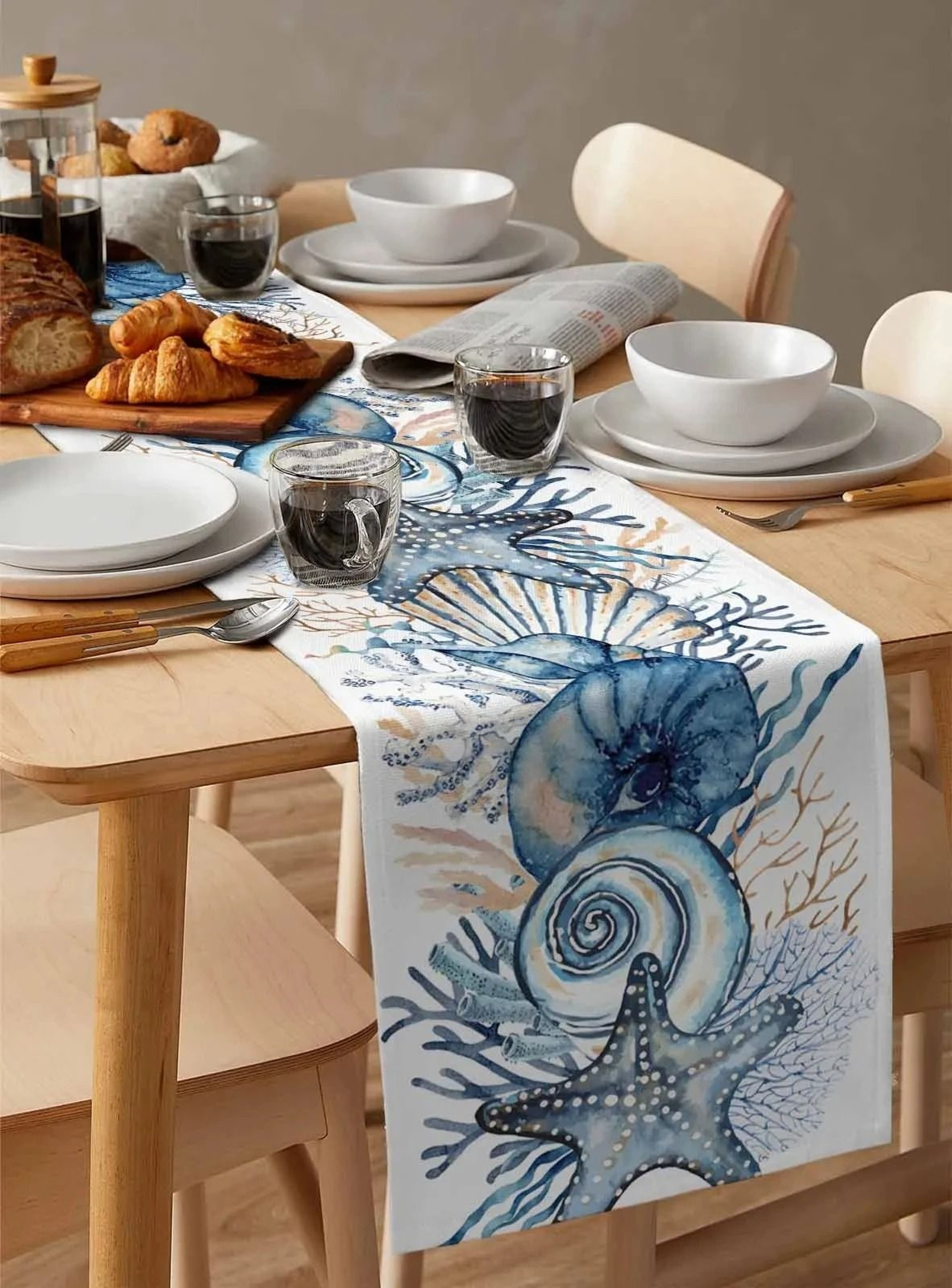 Summer Ocean Coral Table Runner  Coastal Conch Linen Dresser Scarf  Professional Sea Life Dining De 2
