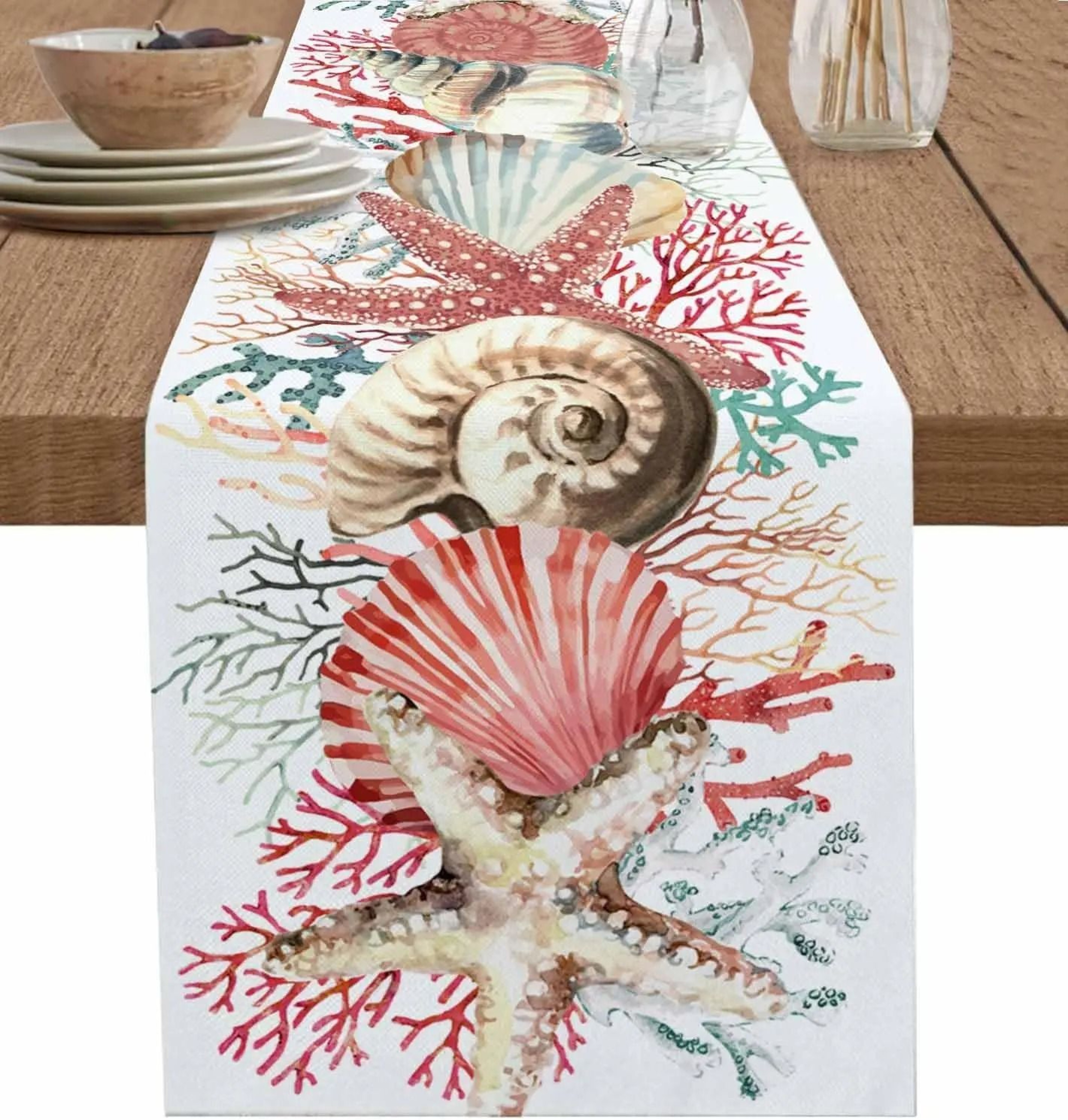 Summer Ocean Coral Table Runner  Coastal Conch Linen Dresser Scarf  Professional Sea Life Dining De 7