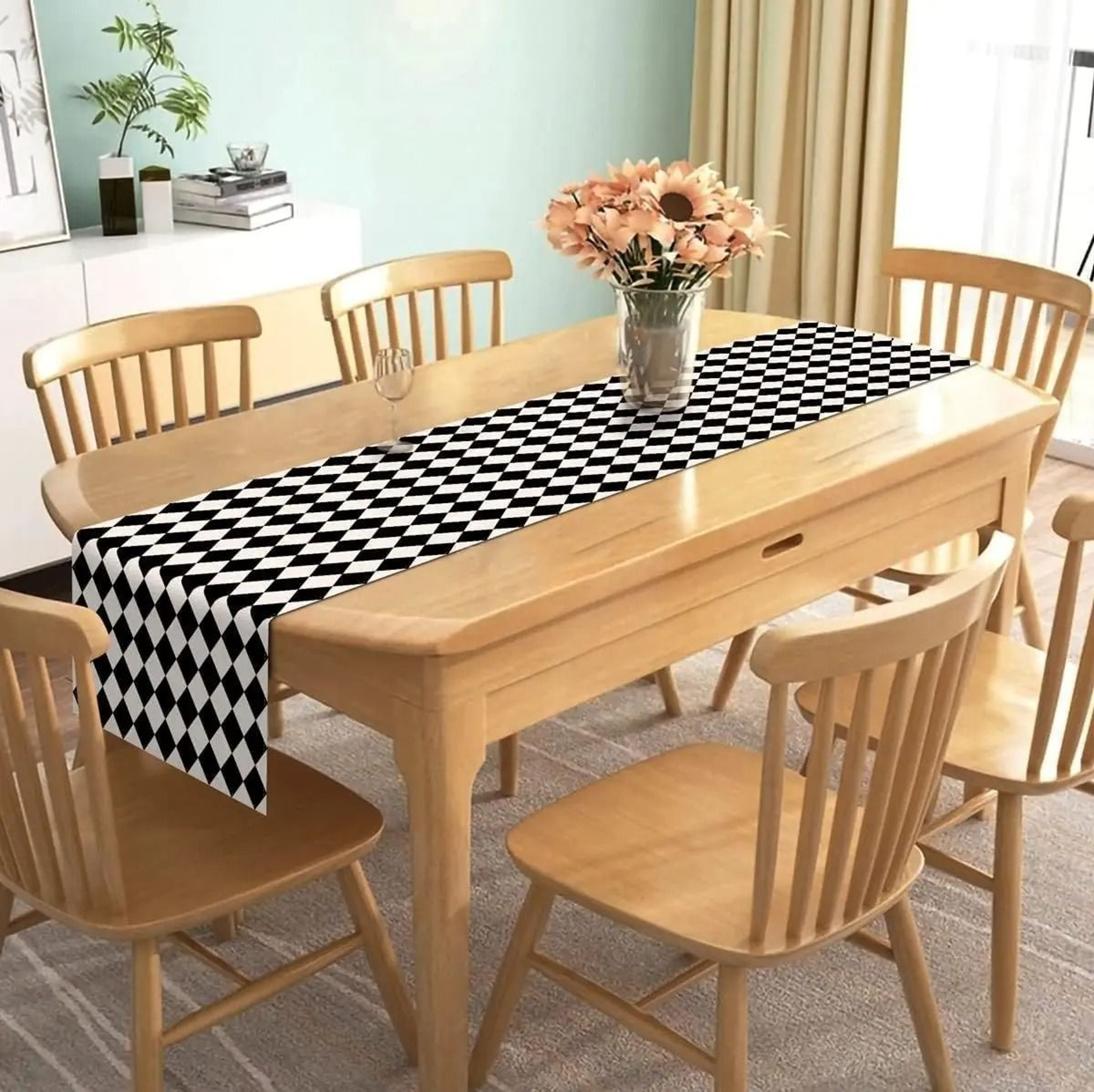 Black  White Diamond Lattice Table Runner  Buffalo Plaid Linen Decor  Executive Kitchen Dining Sanc 1