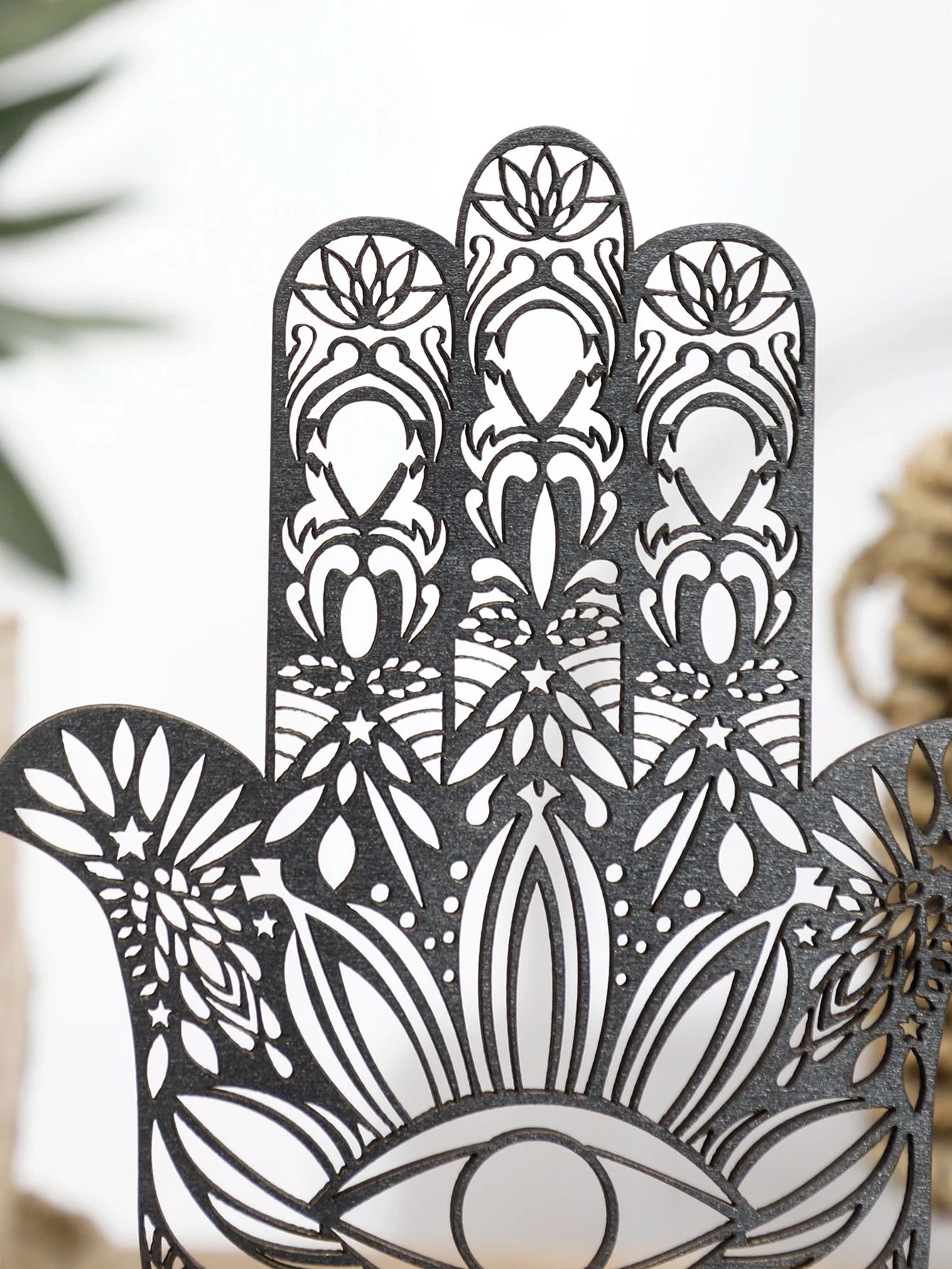 Artisan Hamsa Wood Sculpture  HollowOut Evil Eye Totem  Executive Desktop  Home Studio Sanctuary De 1