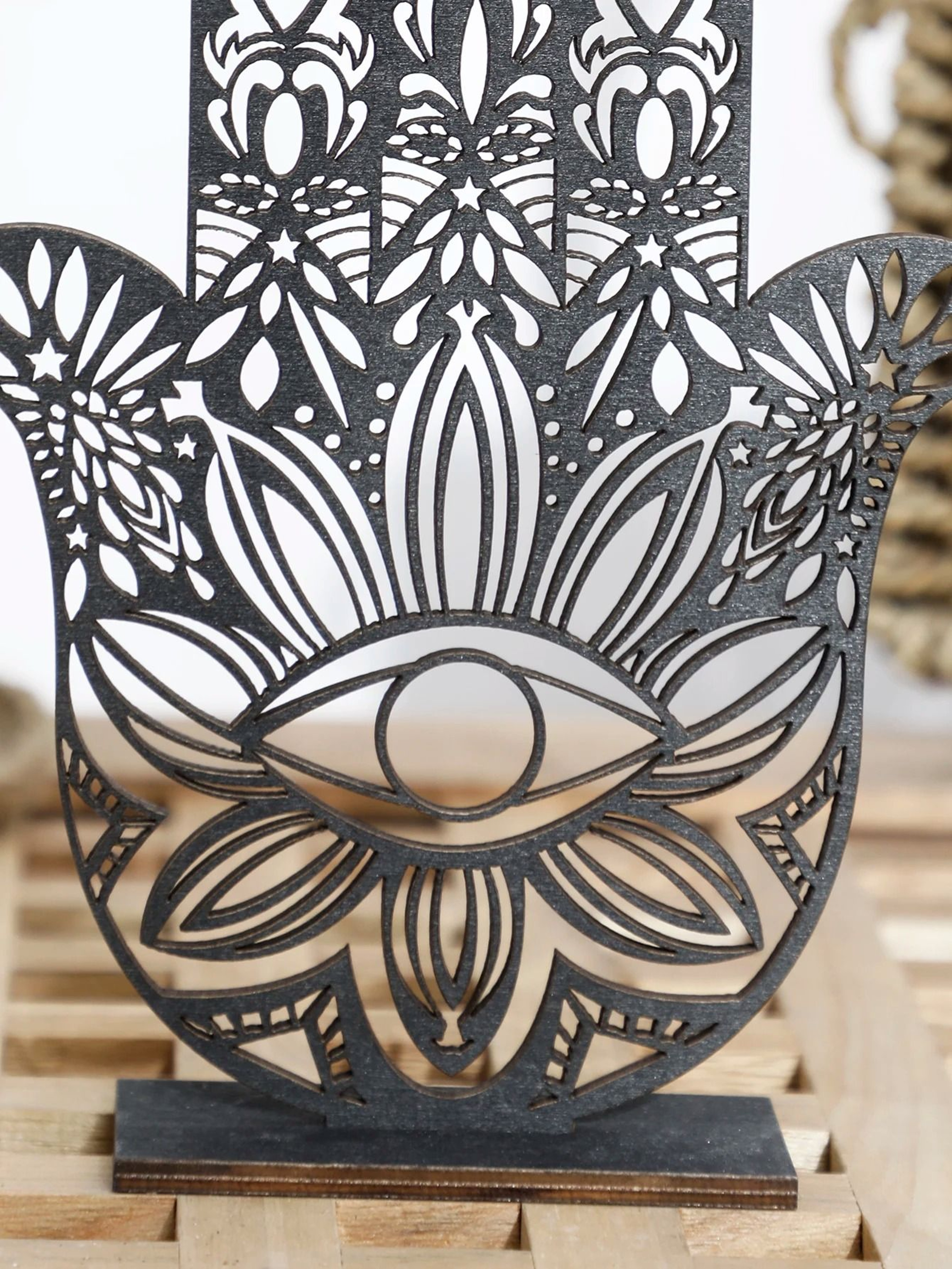 Artisan Hamsa Wood Sculpture  HollowOut Evil Eye Totem  Executive Desktop  Home Studio Sanctuary De 2