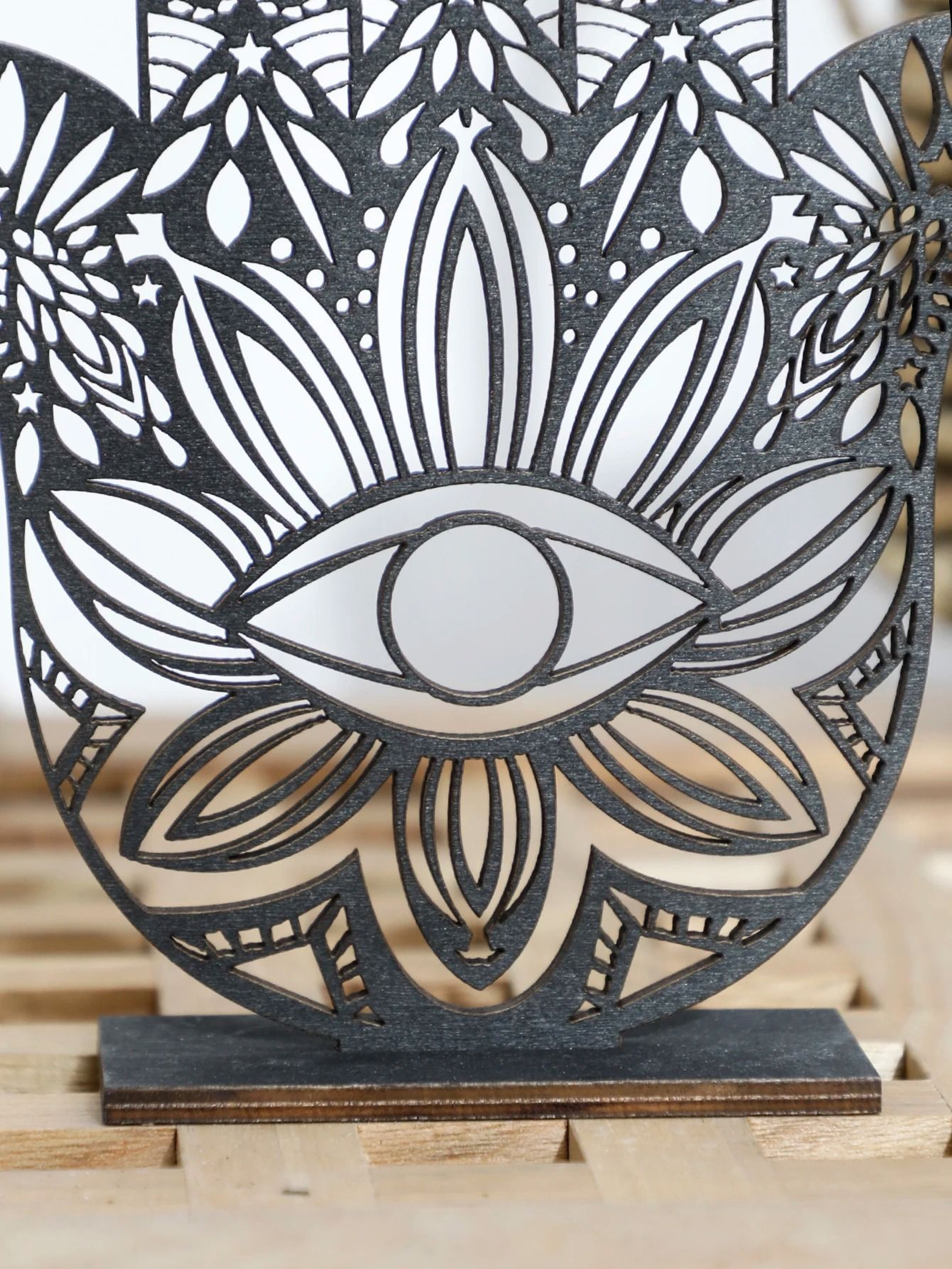 Artisan Hamsa Wood Sculpture  HollowOut Evil Eye Totem  Executive Desktop  Home Studio Sanctuary De 5
