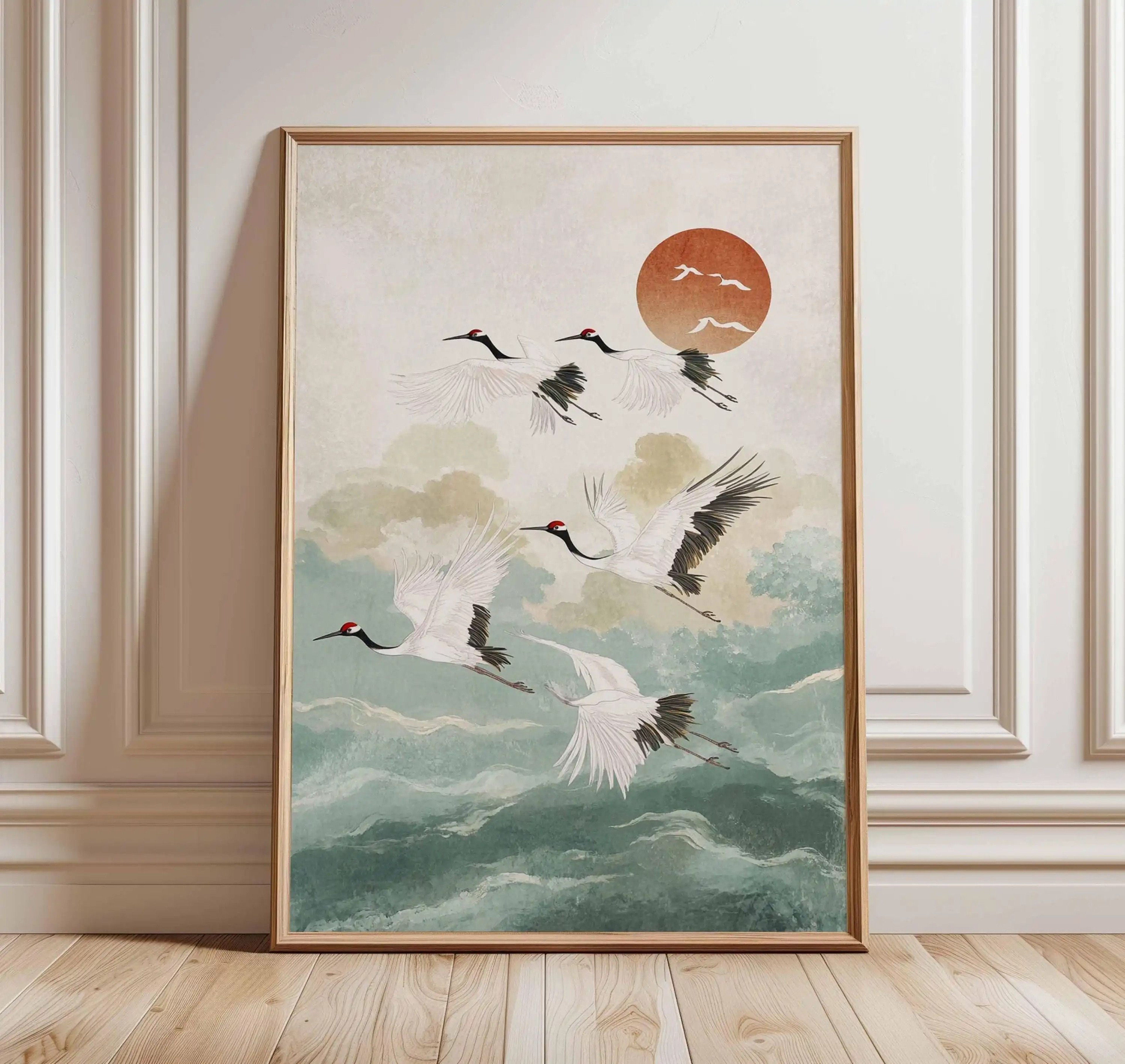 Crimson Solar Crane  Vintage Ukiyoe Archival Print  Executive Studio  Traditional Zen Sanctuary Dec 15