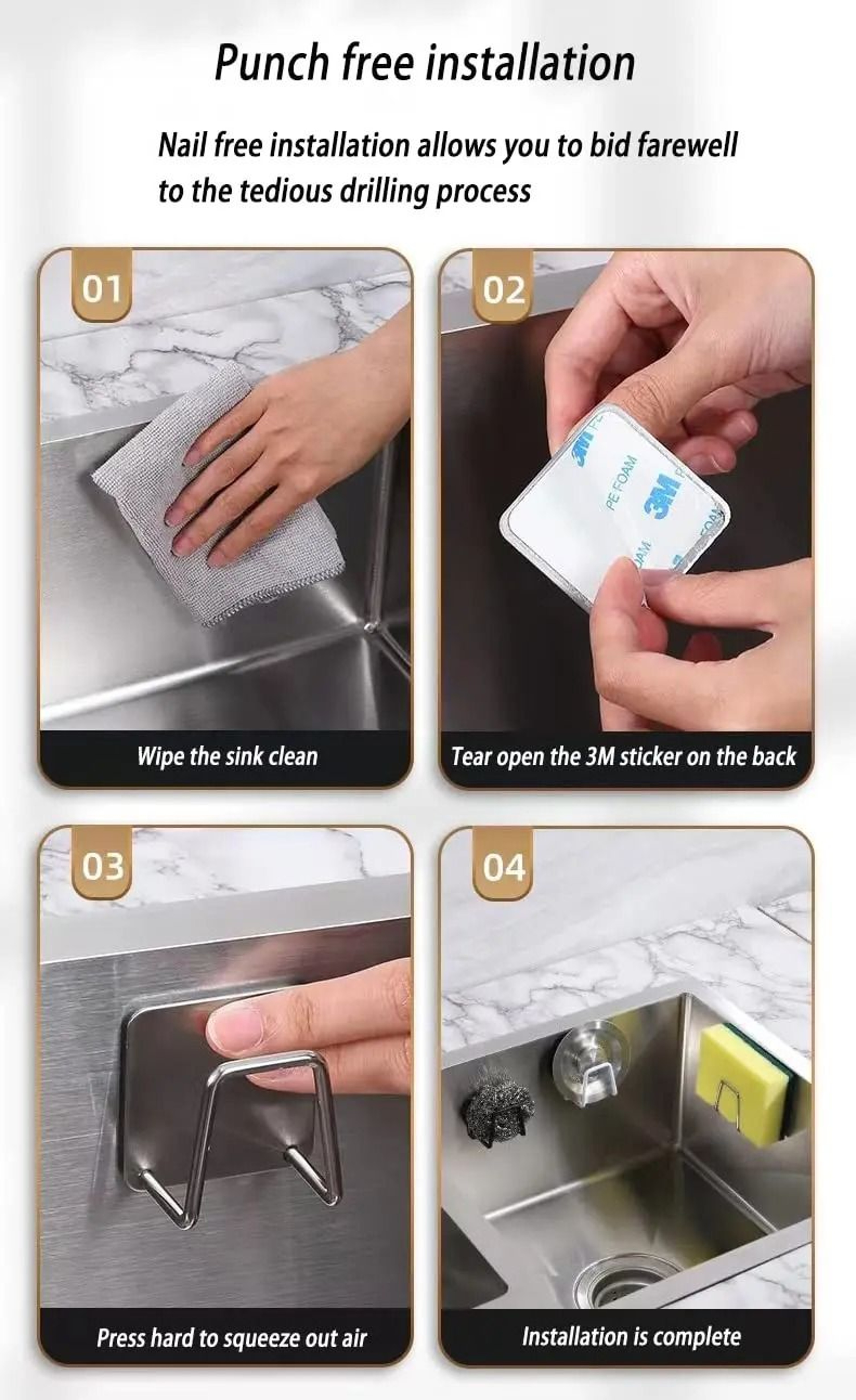 2Piece Stainless Steel Sink Sponge Holder  Waterproof Adhesive Kitchen Drainer Rack 2