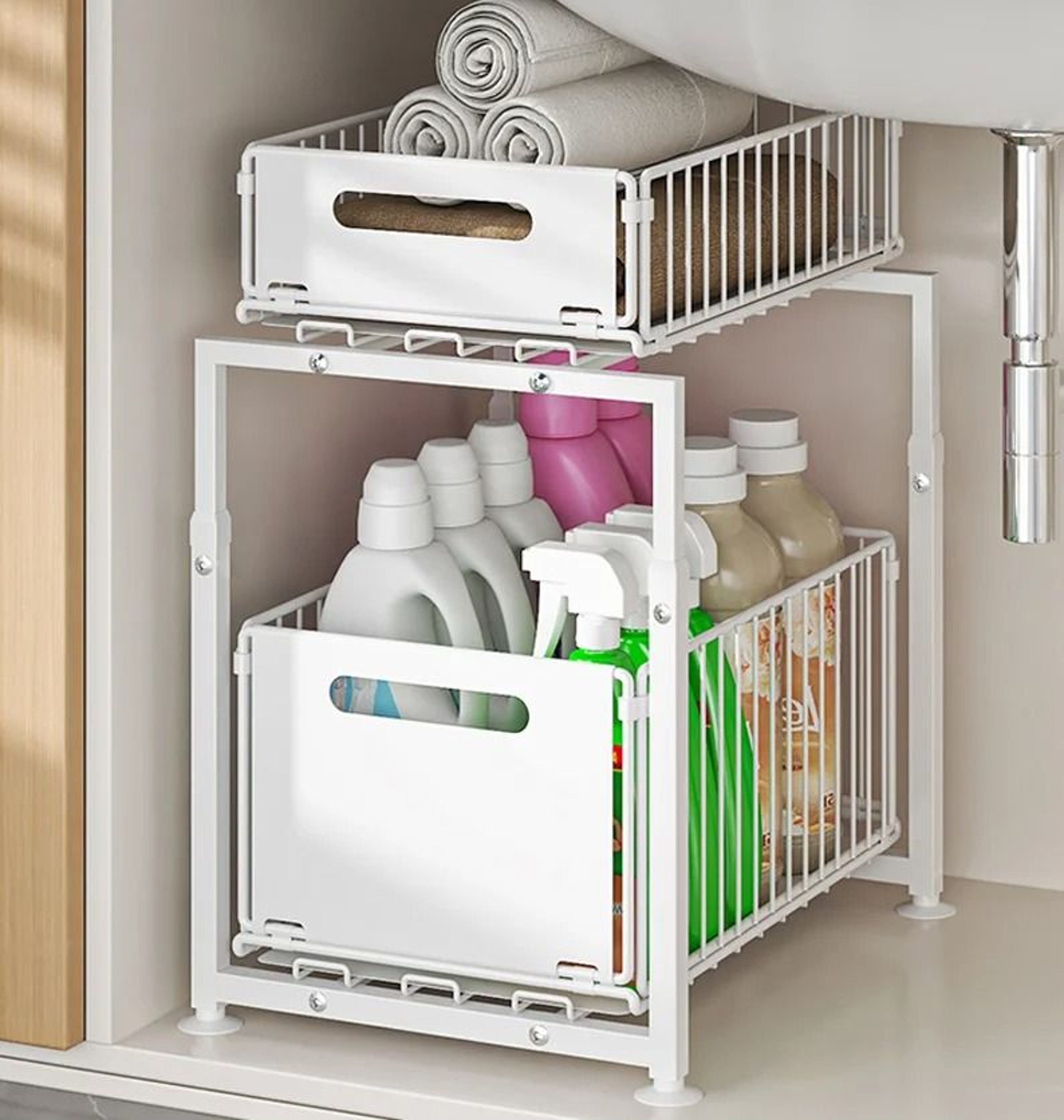 DoubleLayer PullOut UnderSink Organizer  HeightAdjustable Kitchen  Cabinet Storage Rack 8