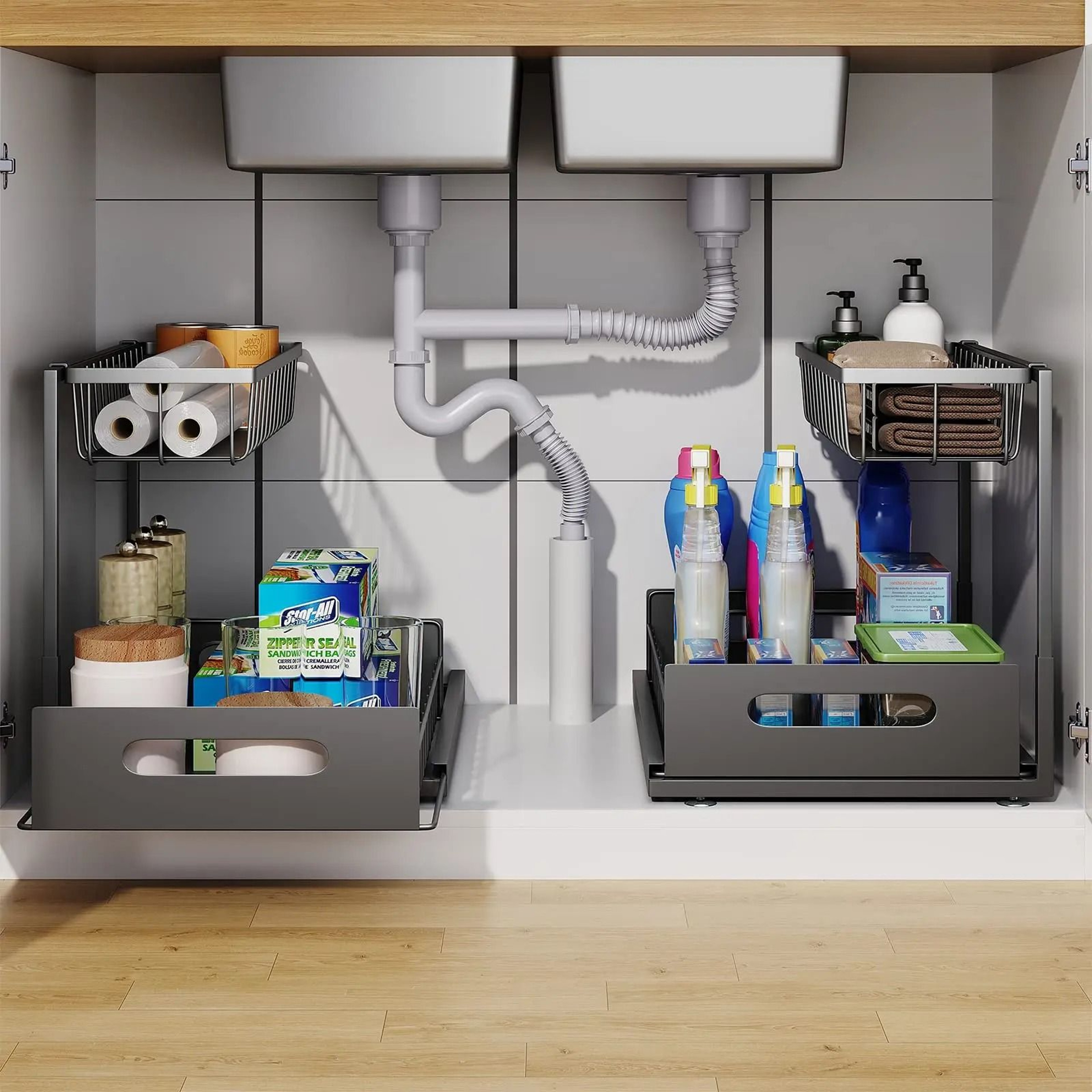 UnderSink 2Tier Sliding Cabinet Basket Organizer  MultiPurpose PullOut Storage Drawer Caddy 1