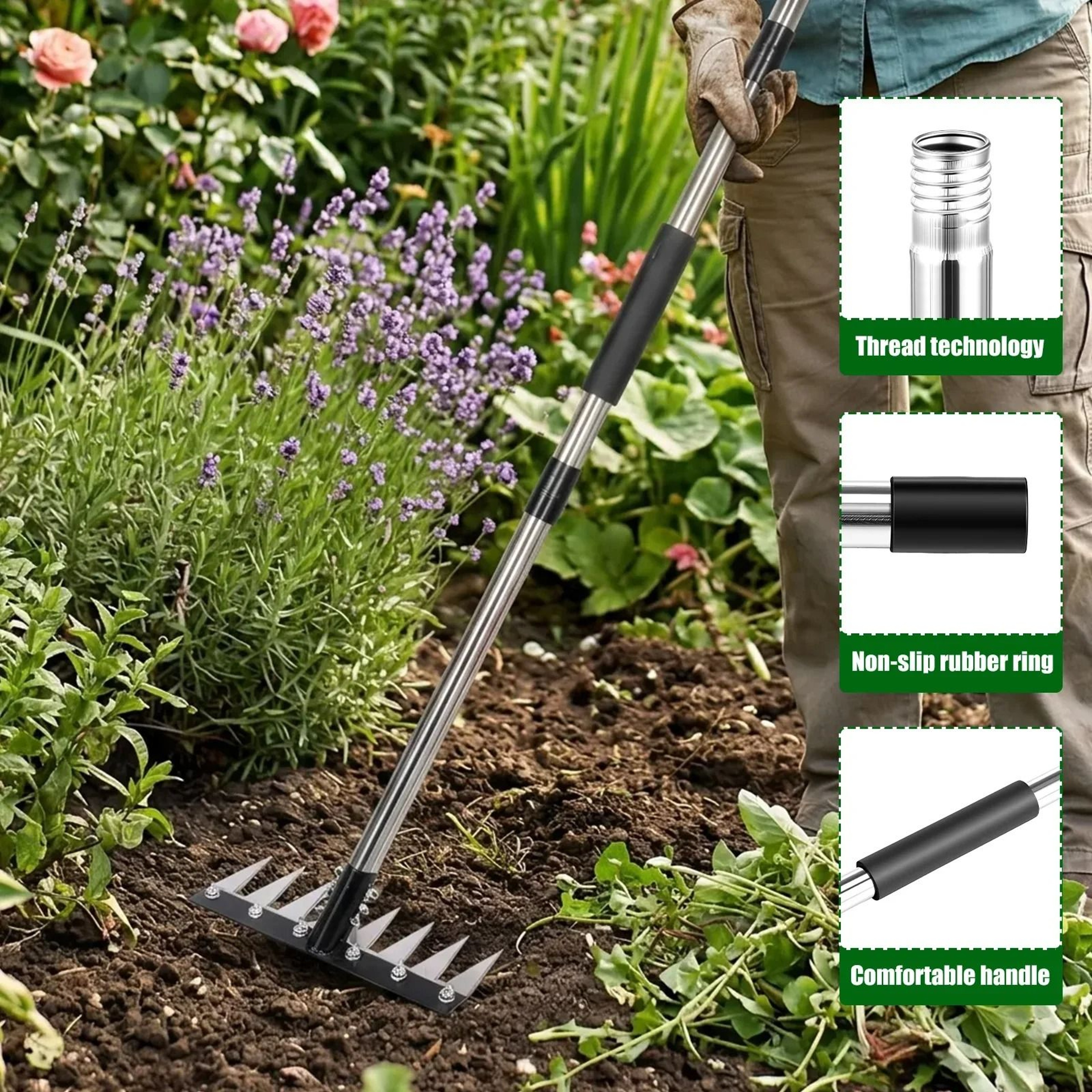 Detachable Manganese Steel MultiTooth Garden Rake Adjustable Weeding Hoe 3