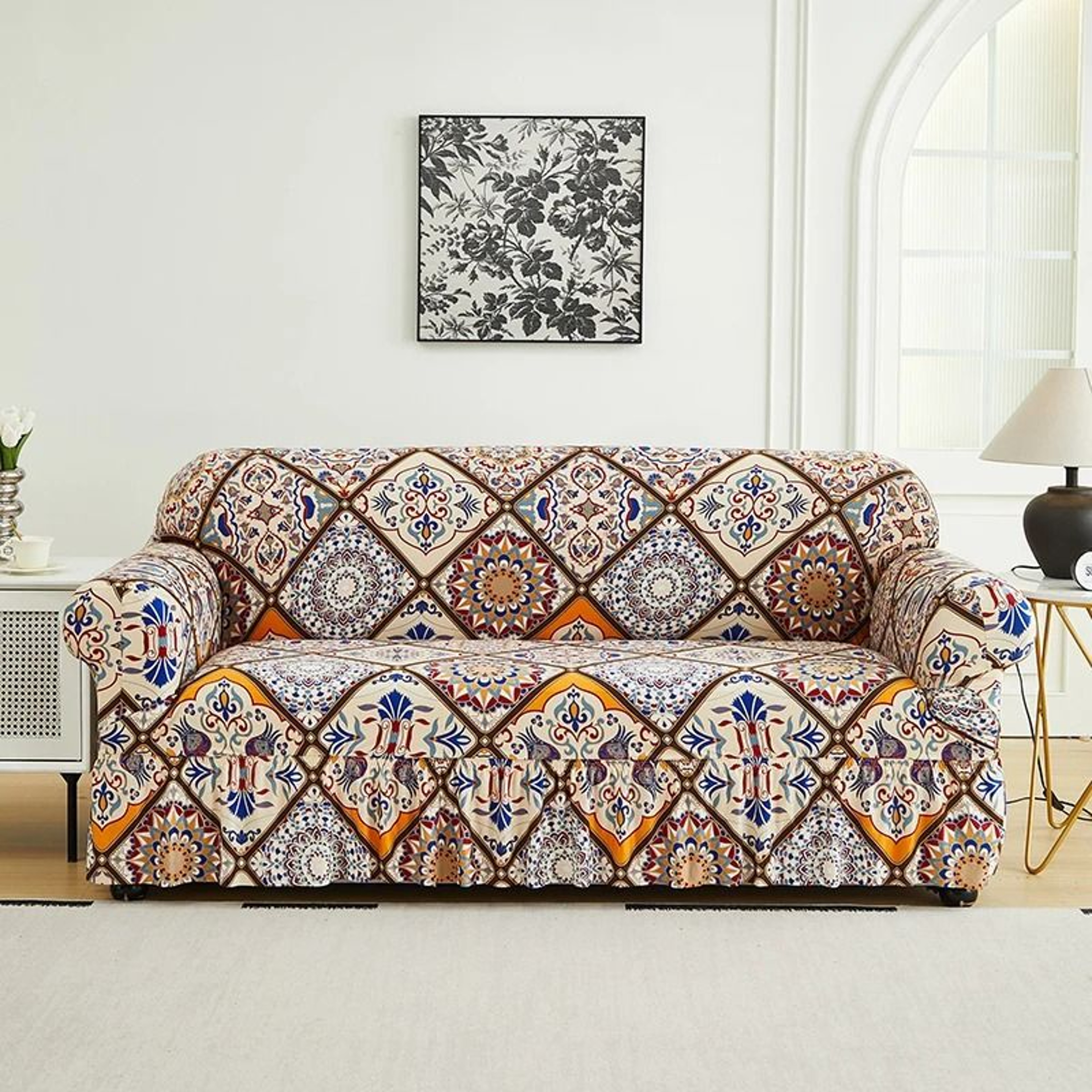 Printed Full Coverage Elastic Sofa Cover With Skirt Decorative Stretch Couch Slipcover 11