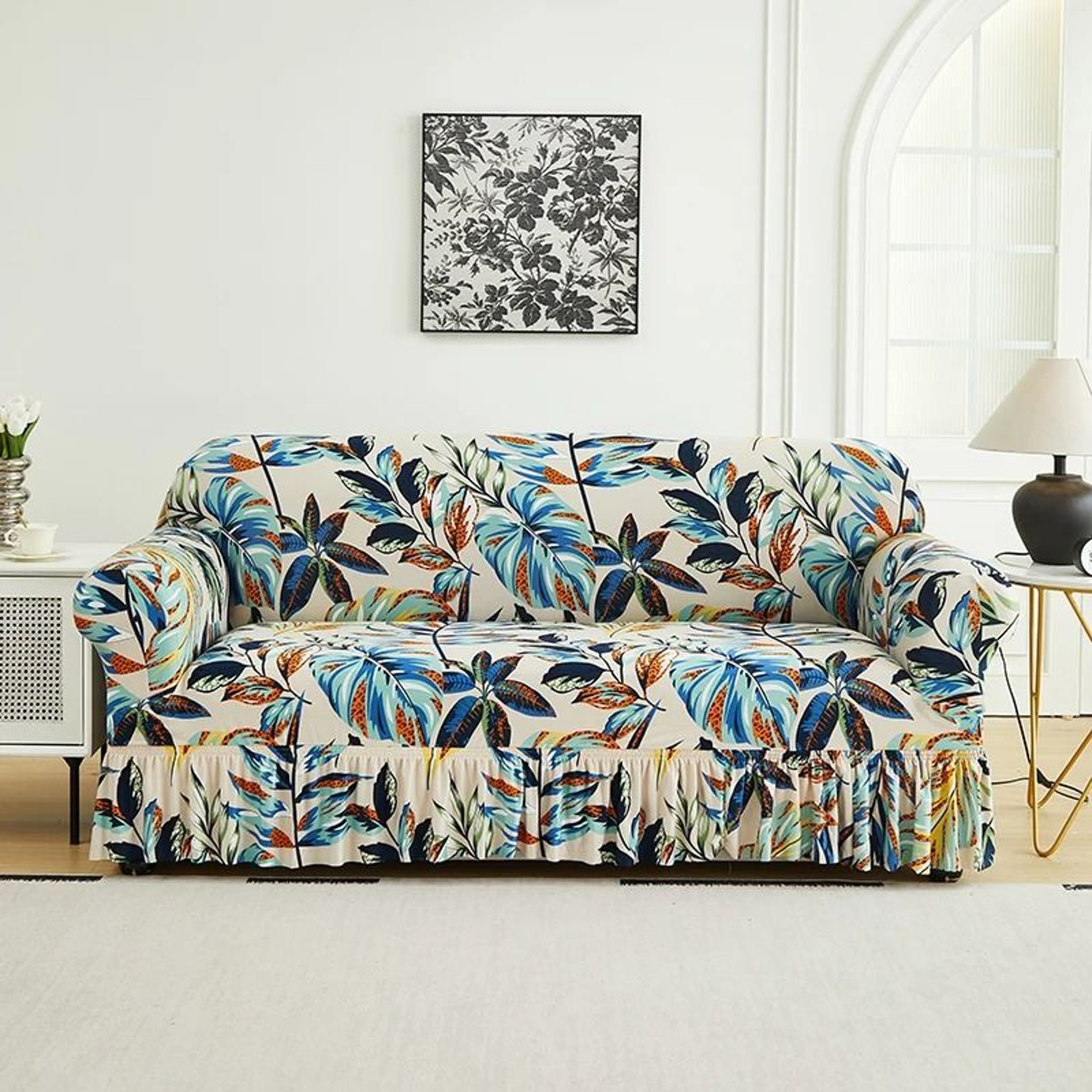 Printed Full Coverage Elastic Sofa Cover With Skirt Decorative Stretch Couch Slipcover 13