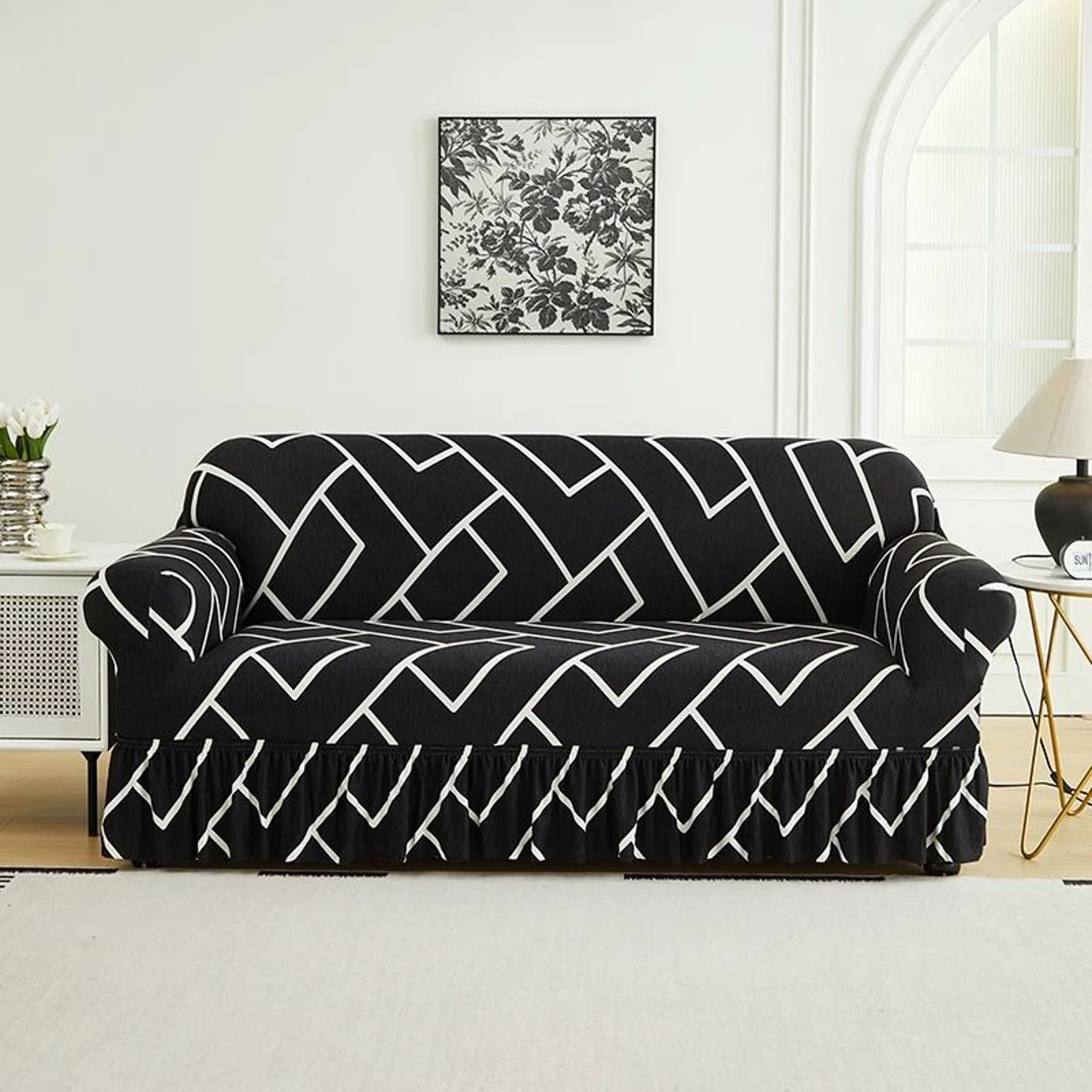 Printed Full Coverage Elastic Sofa Cover With Skirt Decorative Stretch Couch Slipcover 8