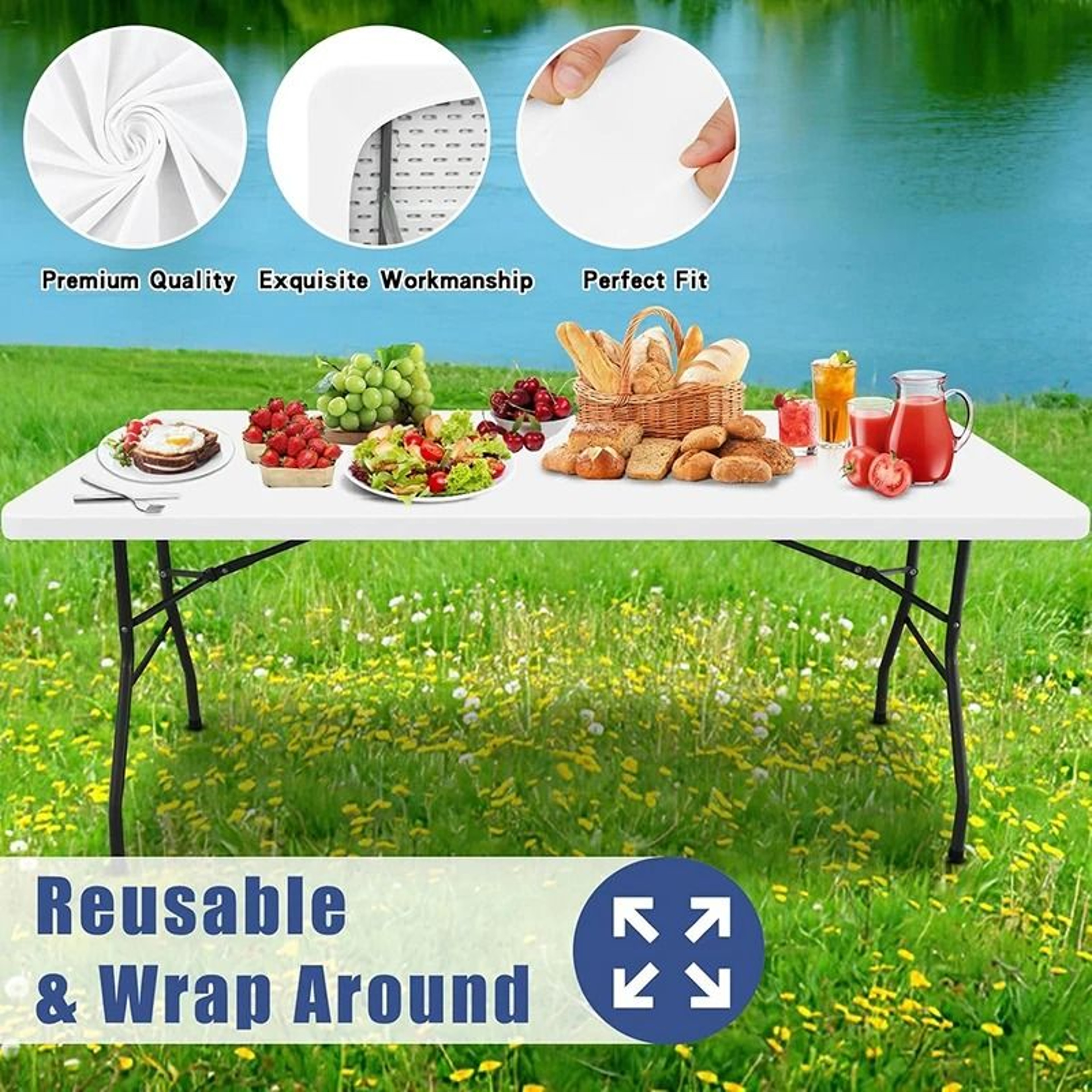 Fitted Elastic Spandex Stretch Tablecloth FormFitting White Cover For 6ft Rectangle  Round Tables 1