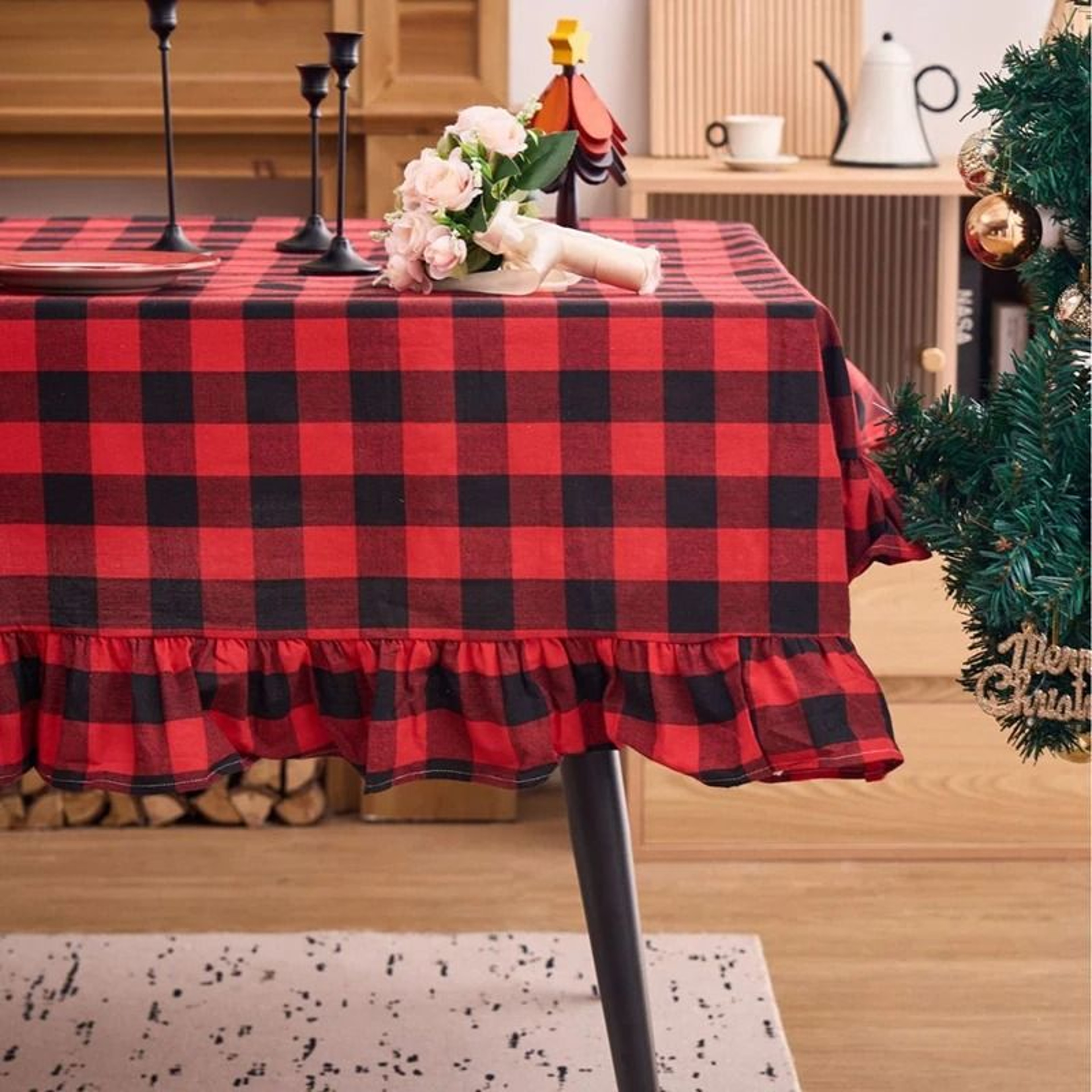 Christmas Green Plaid Ruffled Tablecloth Washable AntiStain Table Cover For Kitchen  Holiday Weddin 4