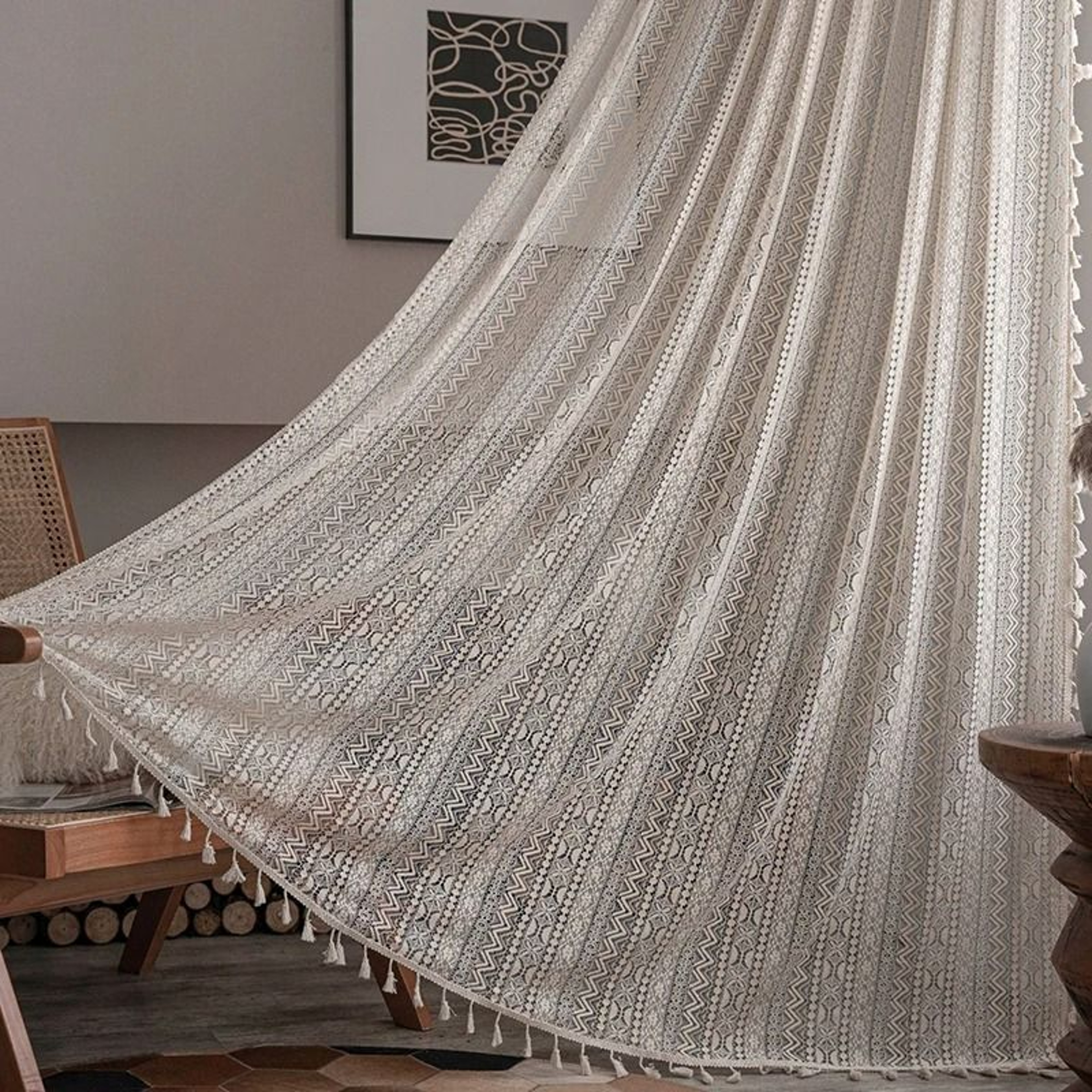 Boho Crochet Lace SemiSheer Window Curtain Panel Hollow Knitted Drapery With Tassels For Living Roo 1